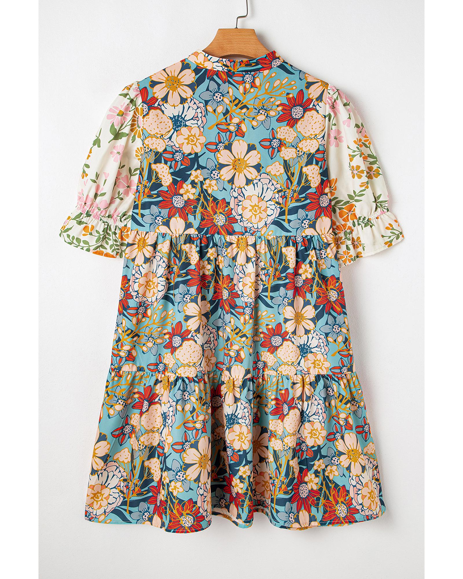 Multicolour Boho Floral Print Crochet Patchwork V Neck Loose Mini Dress - S