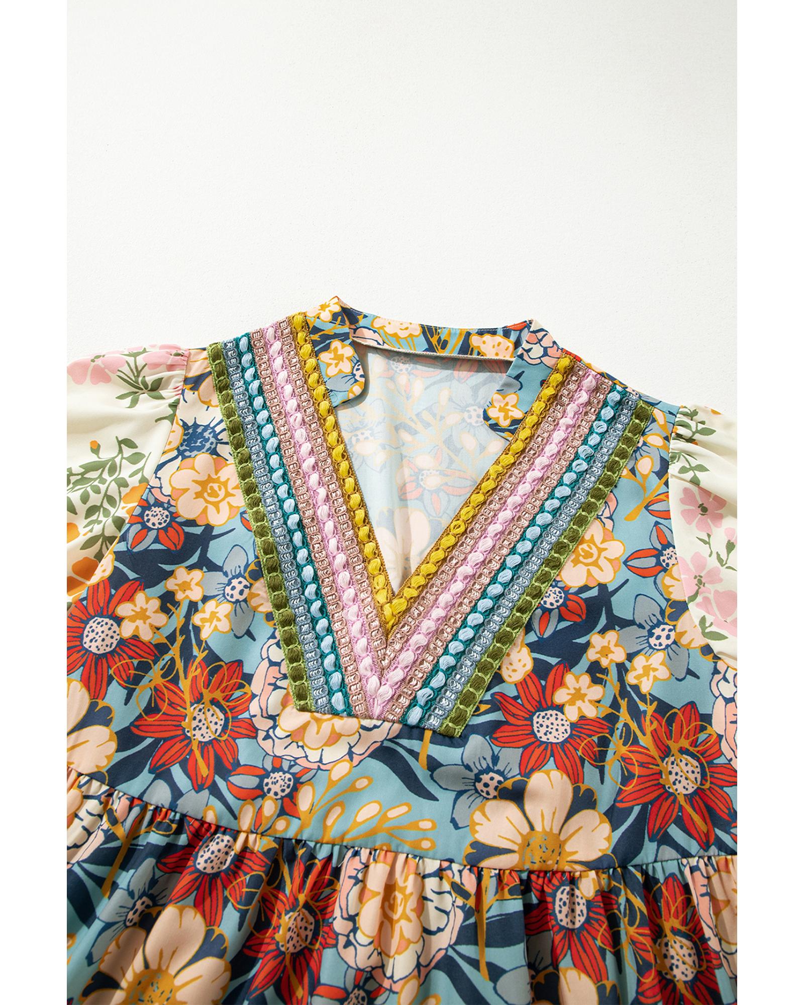 Multicolour Boho Floral Print Crochet Patchwork V Neck Loose Mini Dress - S
