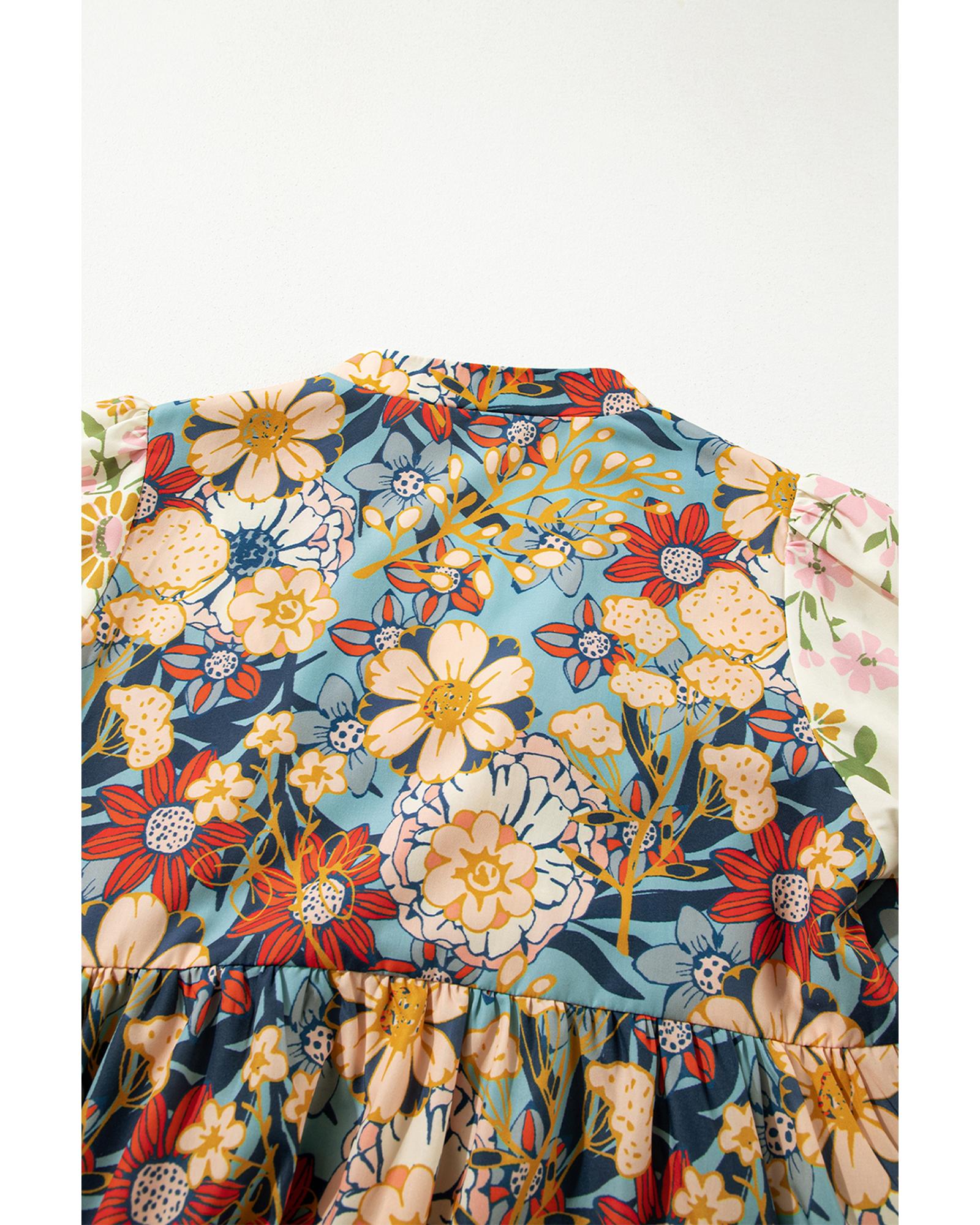 Multicolour Boho Floral Print Crochet Patchwork V Neck Loose Mini Dress - S