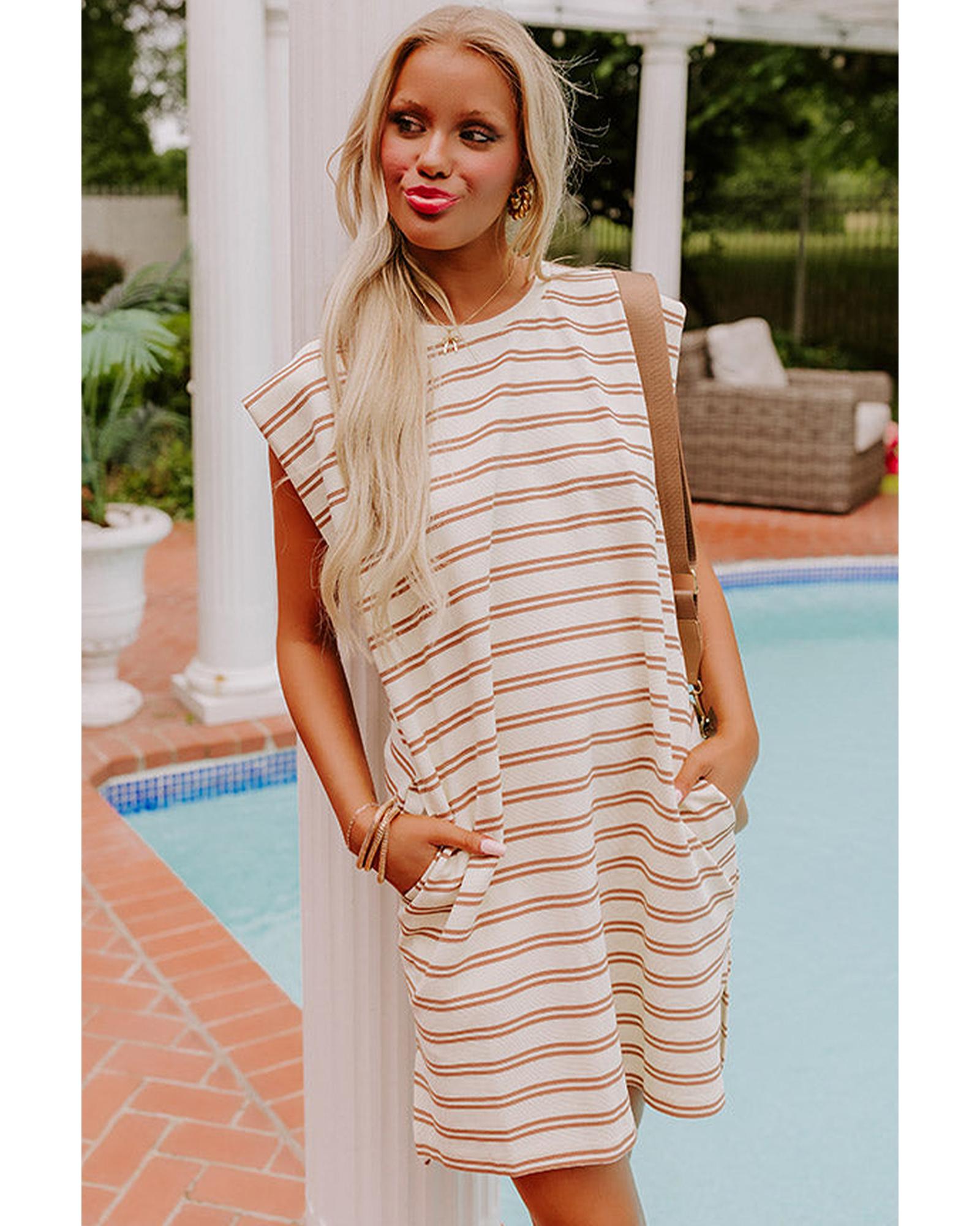 Khaki Stripe Round Neck Sleeveless Casual Pocketed Mini Dress - M