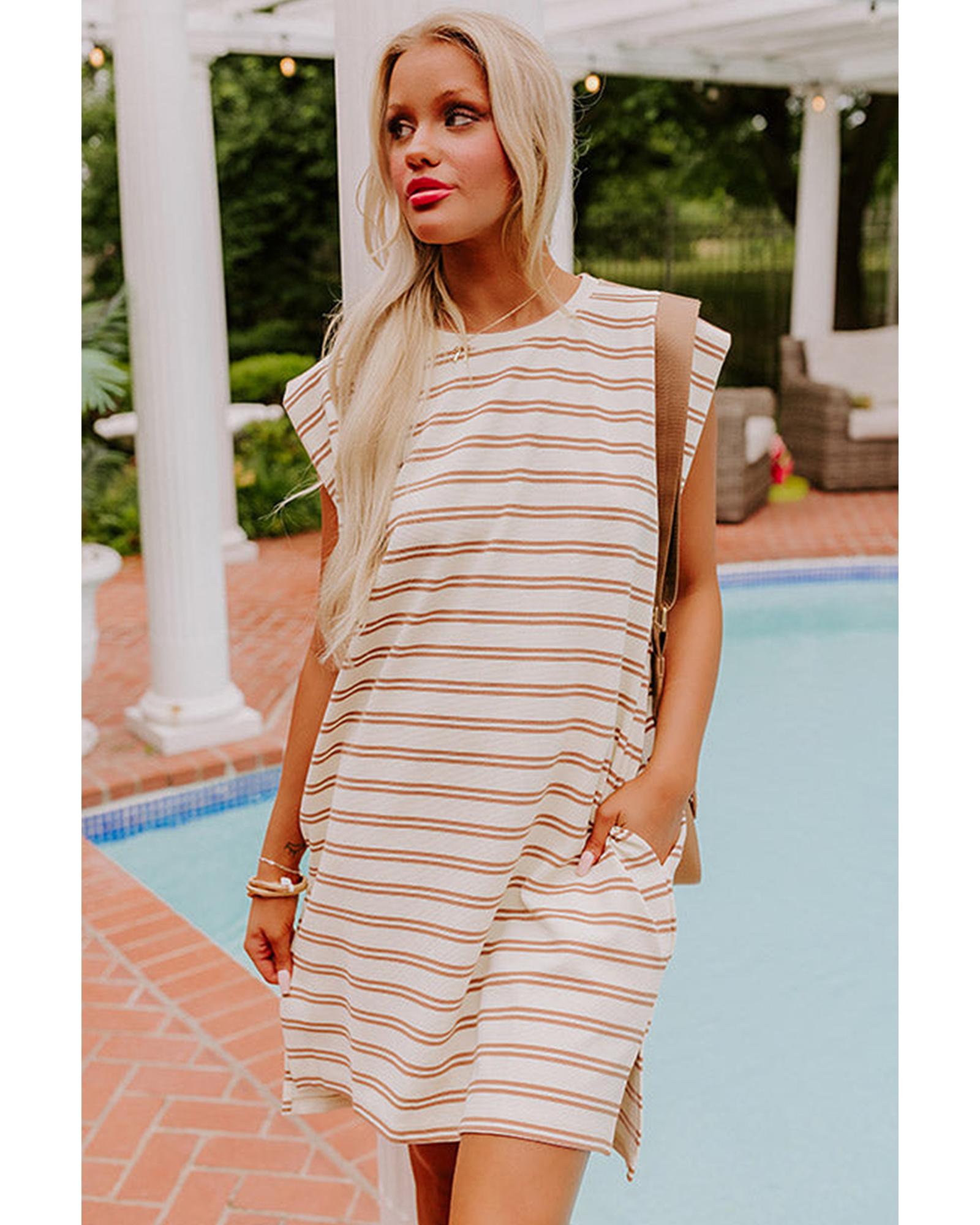 Khaki Stripe Round Neck Sleeveless Casual Pocketed Mini Dress - M