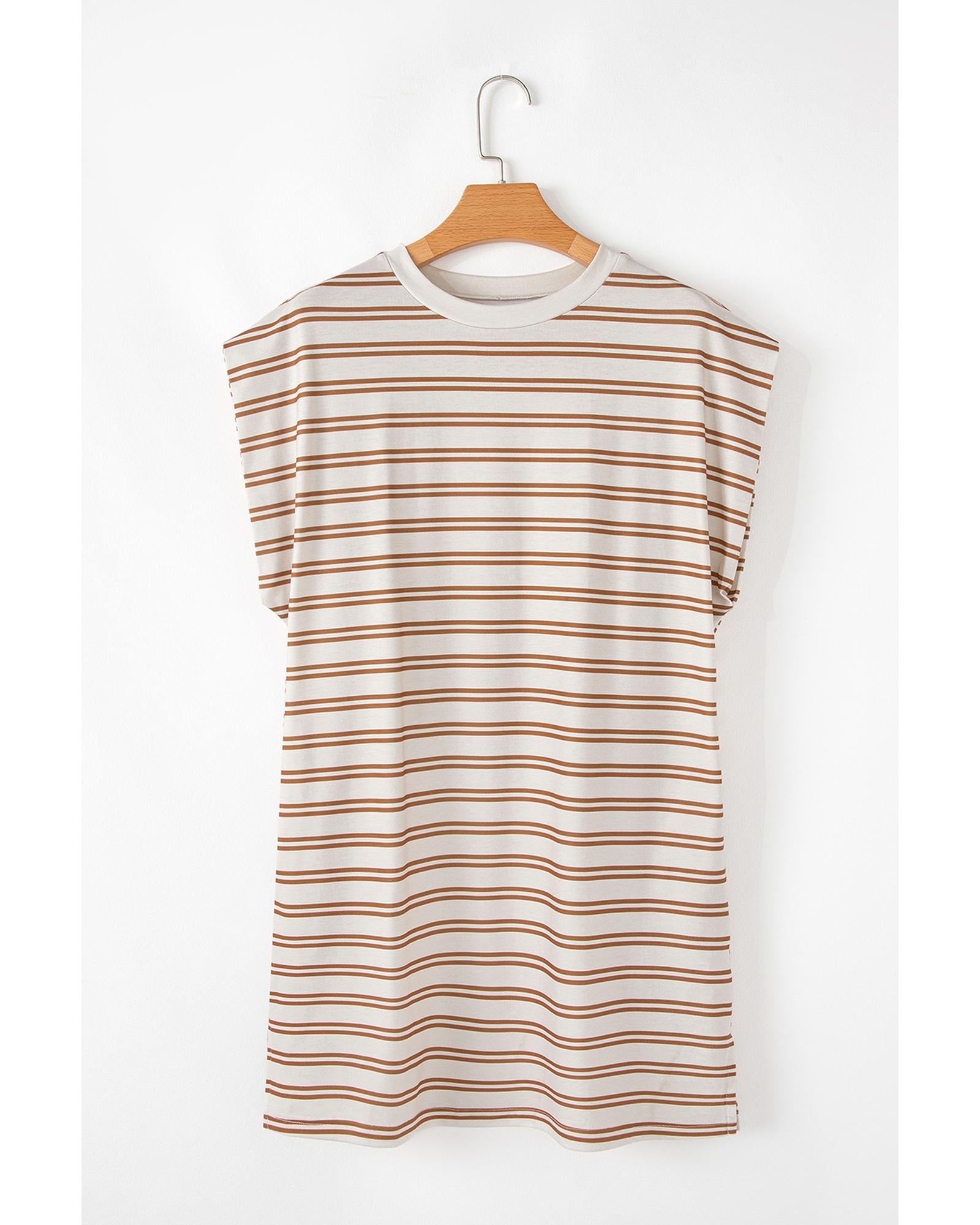 Khaki Stripe Round Neck Sleeveless Casual Pocketed Mini Dress - M
