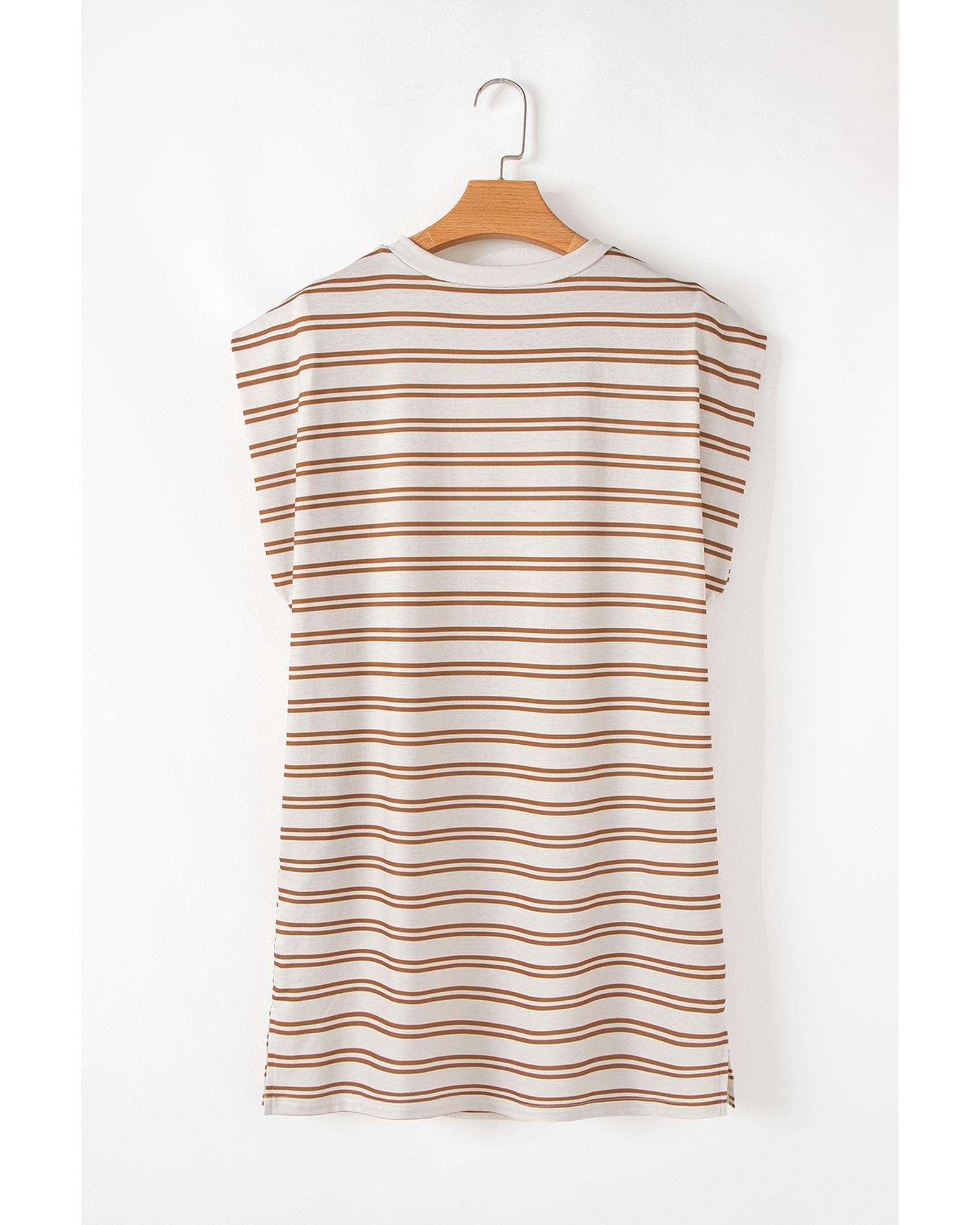 Khaki Stripe Round Neck Sleeveless Casual Pocketed Mini Dress - M