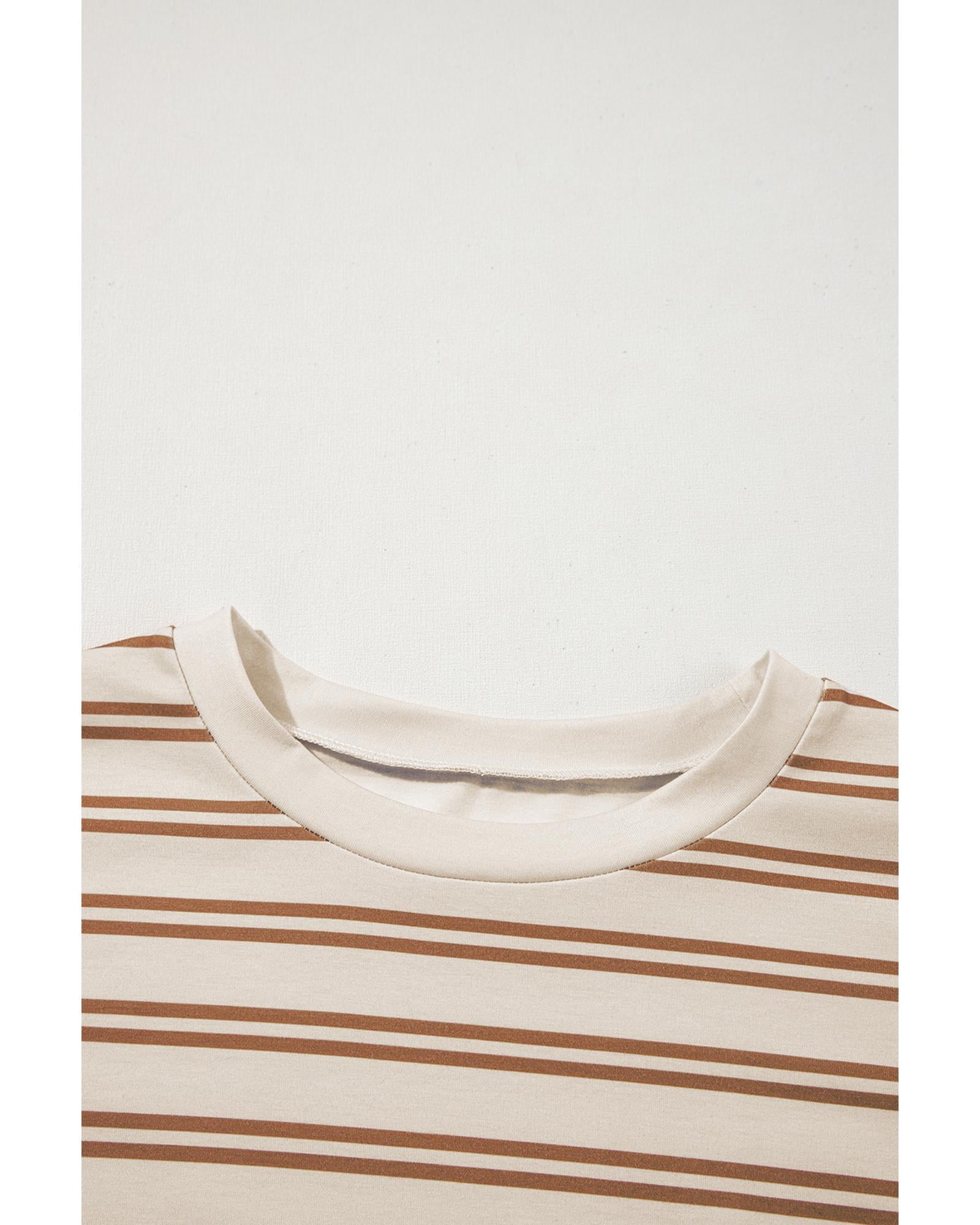Khaki Stripe Round Neck Sleeveless Casual Pocketed Mini Dress - M