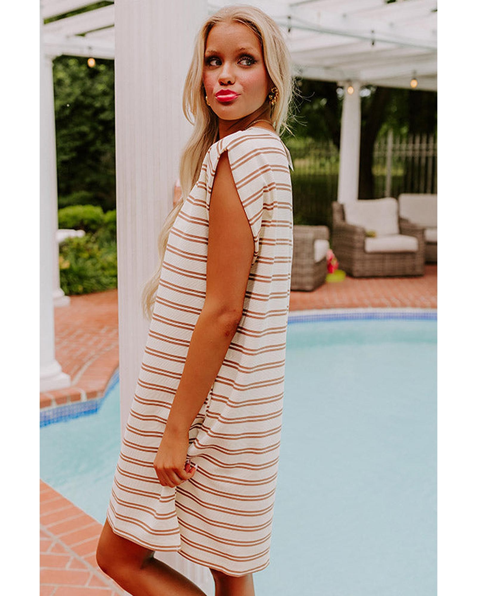Khaki Stripe Round Neck Sleeveless Casual Pocketed Mini Dress - XL