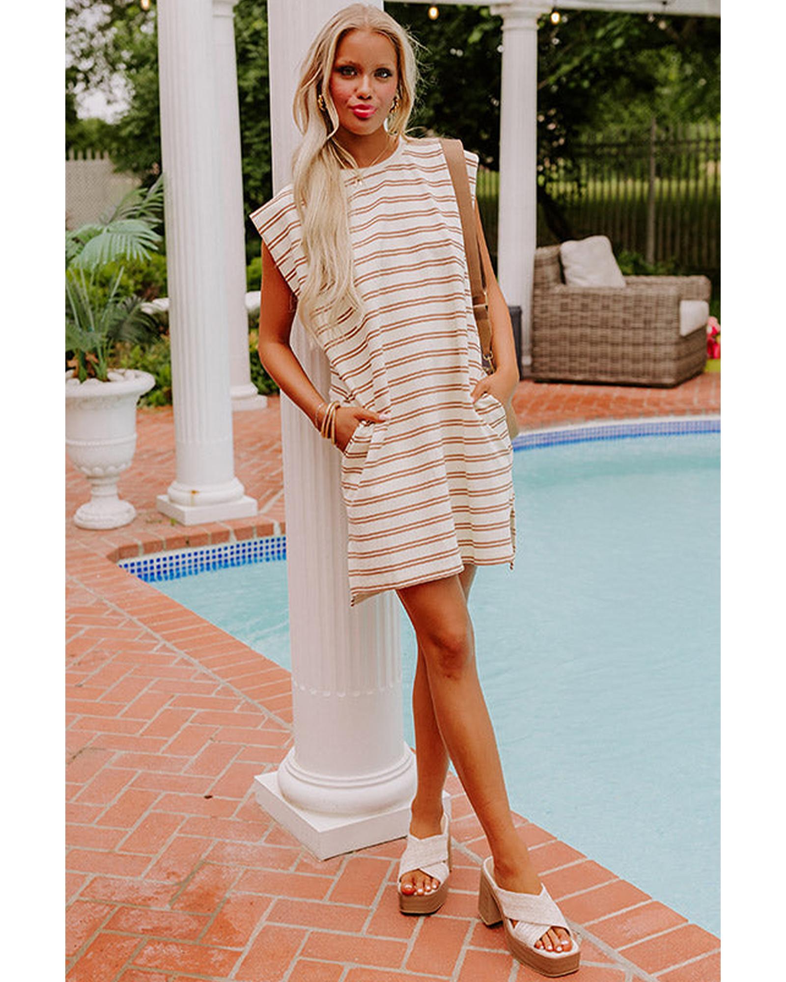 Khaki Stripe Round Neck Sleeveless Casual Pocketed Mini Dress - XL