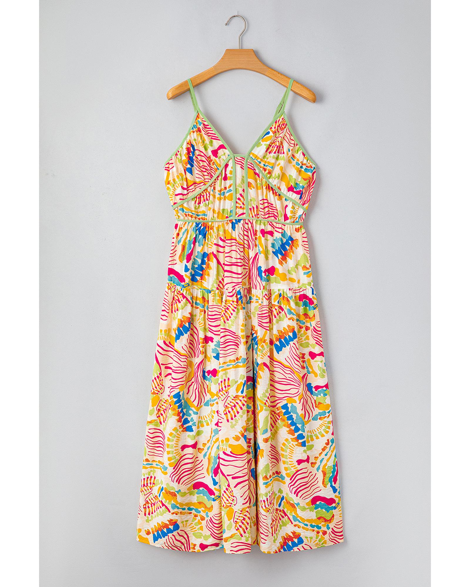 Orange Abstract Print Spaghetti Strap Piping Detail Maxi Dres - L