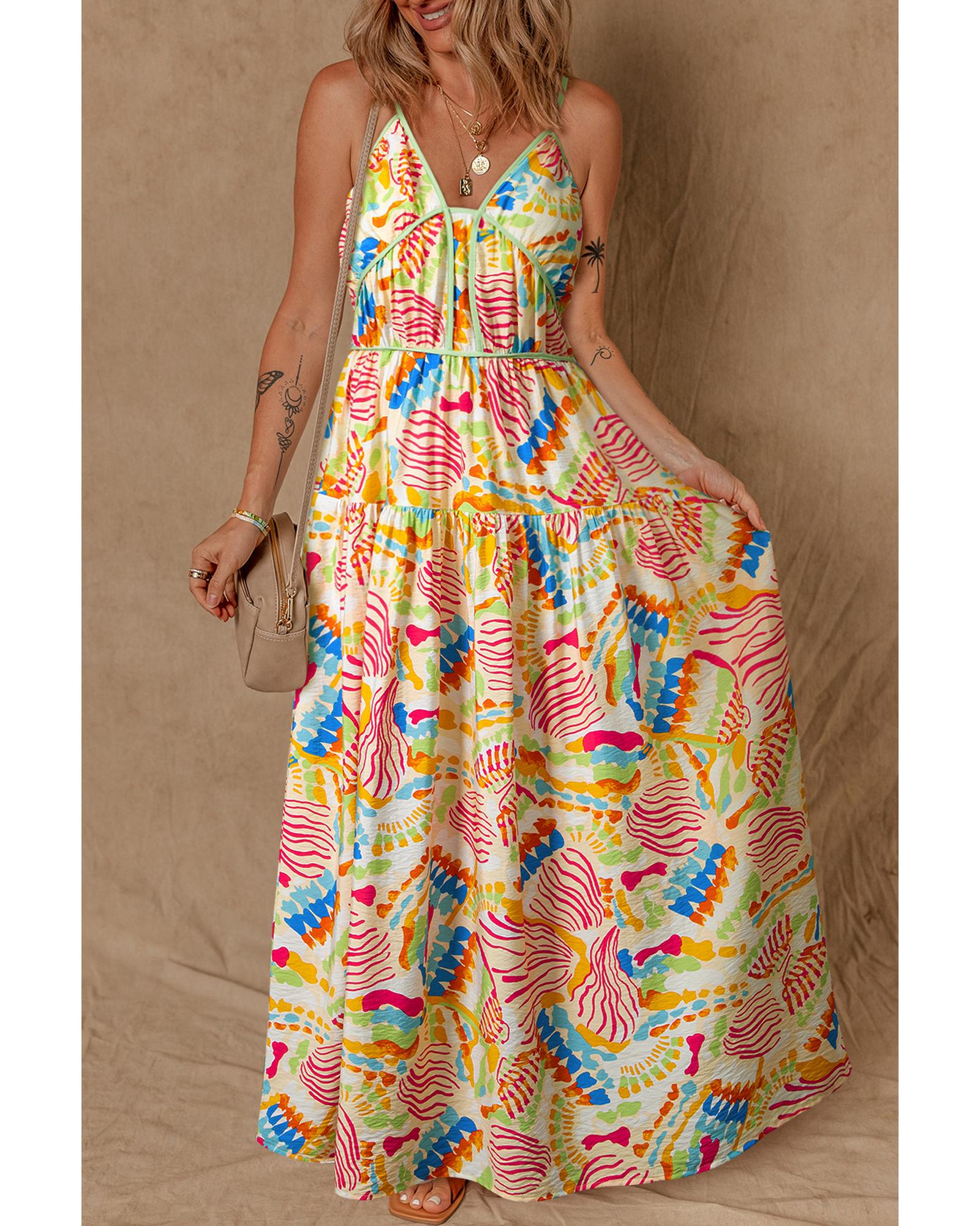 Orange Abstract Print Spaghetti Strap Piping Detail Maxi Dres - M