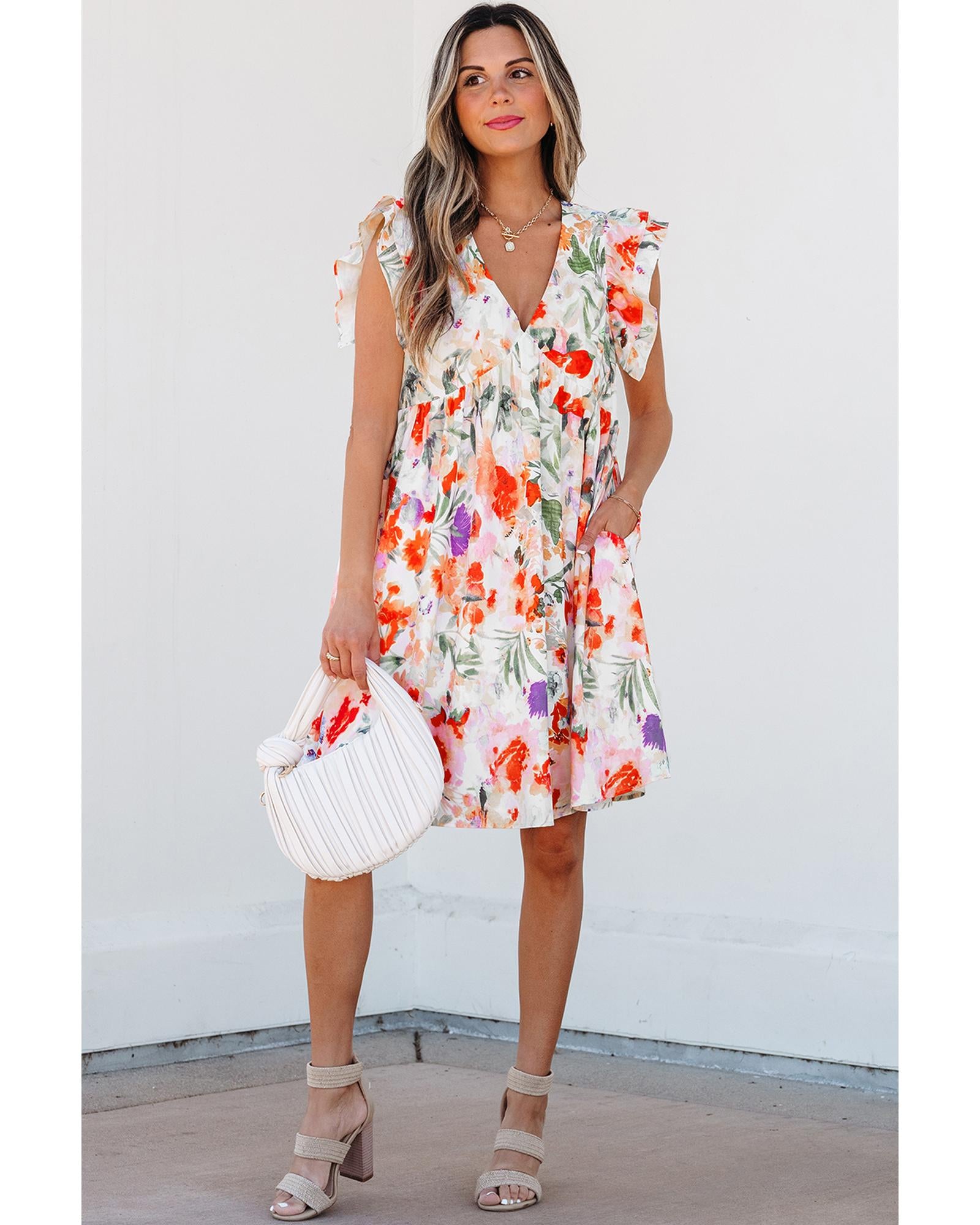 Pink Floral Double Ruffle Sleeve V Neck High Waist Mini Dress - L