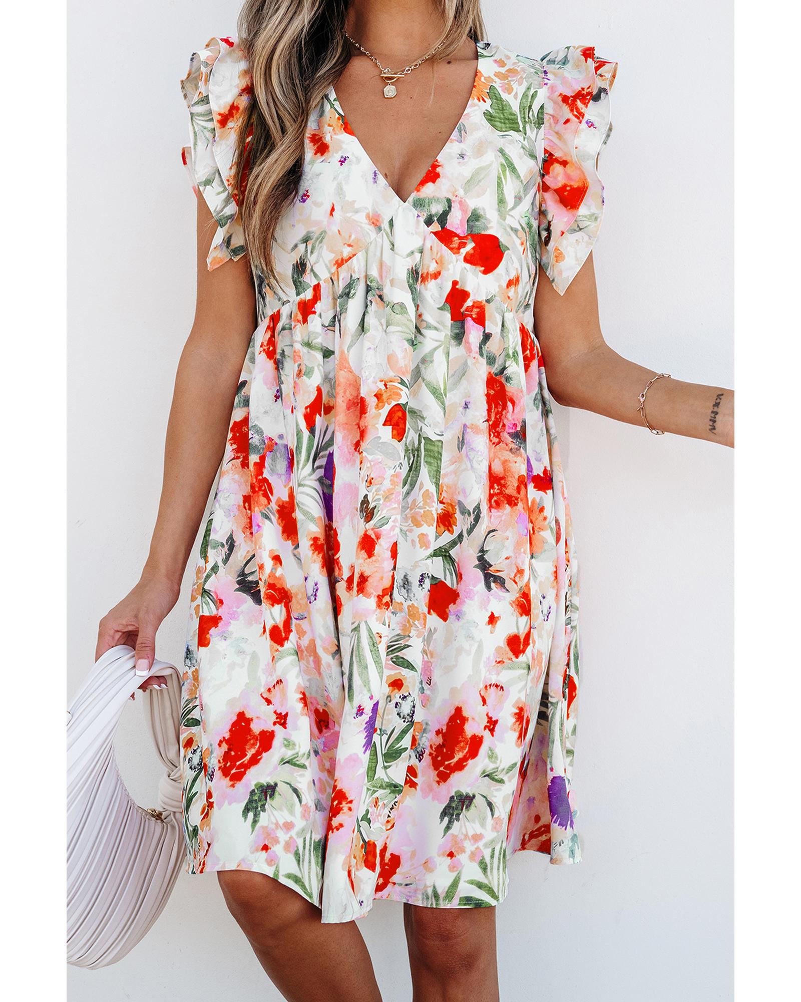 Pink Floral Double Ruffle Sleeve V Neck High Waist Mini Dress - L