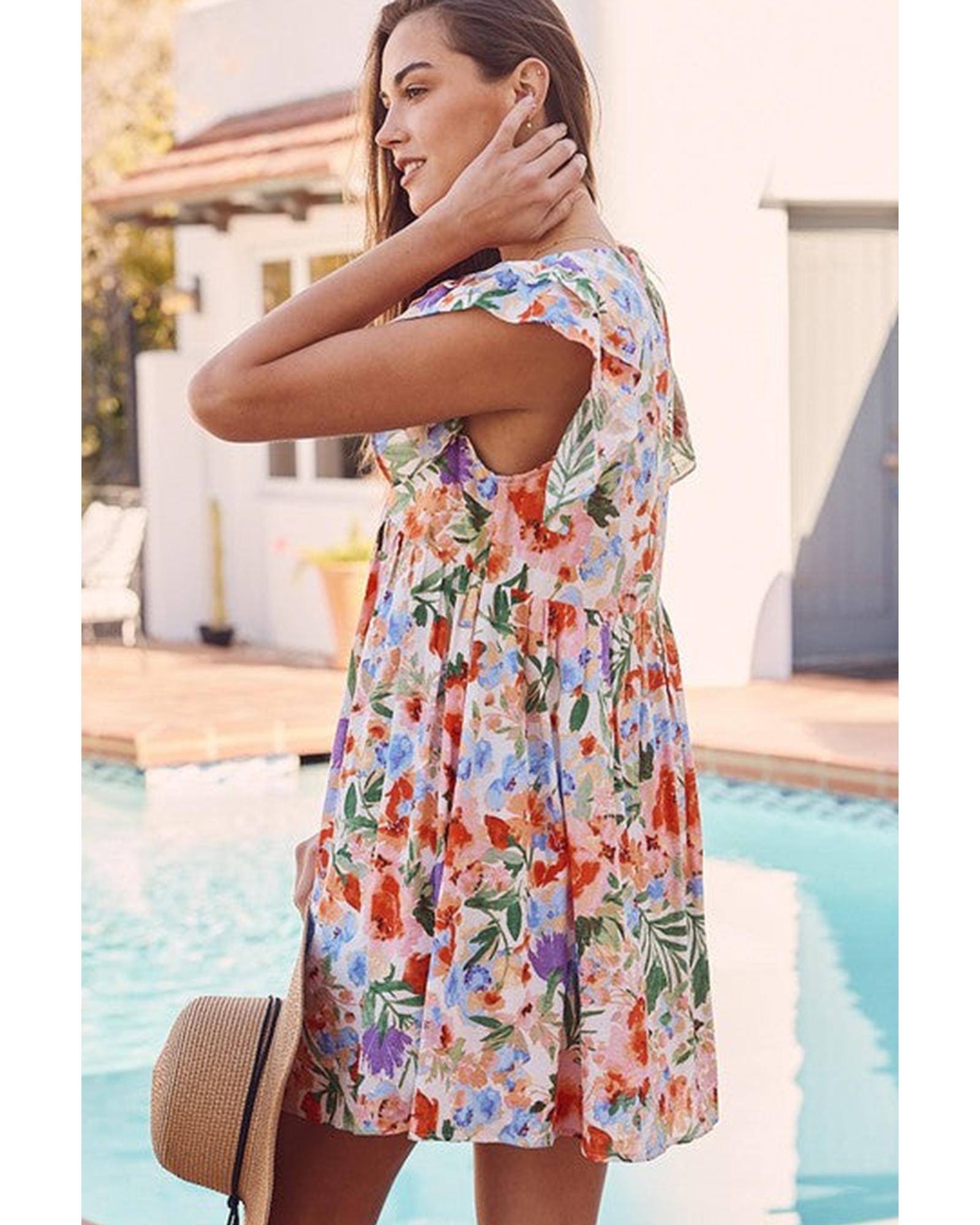 Pink Floral Double Ruffle Sleeve V Neck High Waist Mini Dress - M