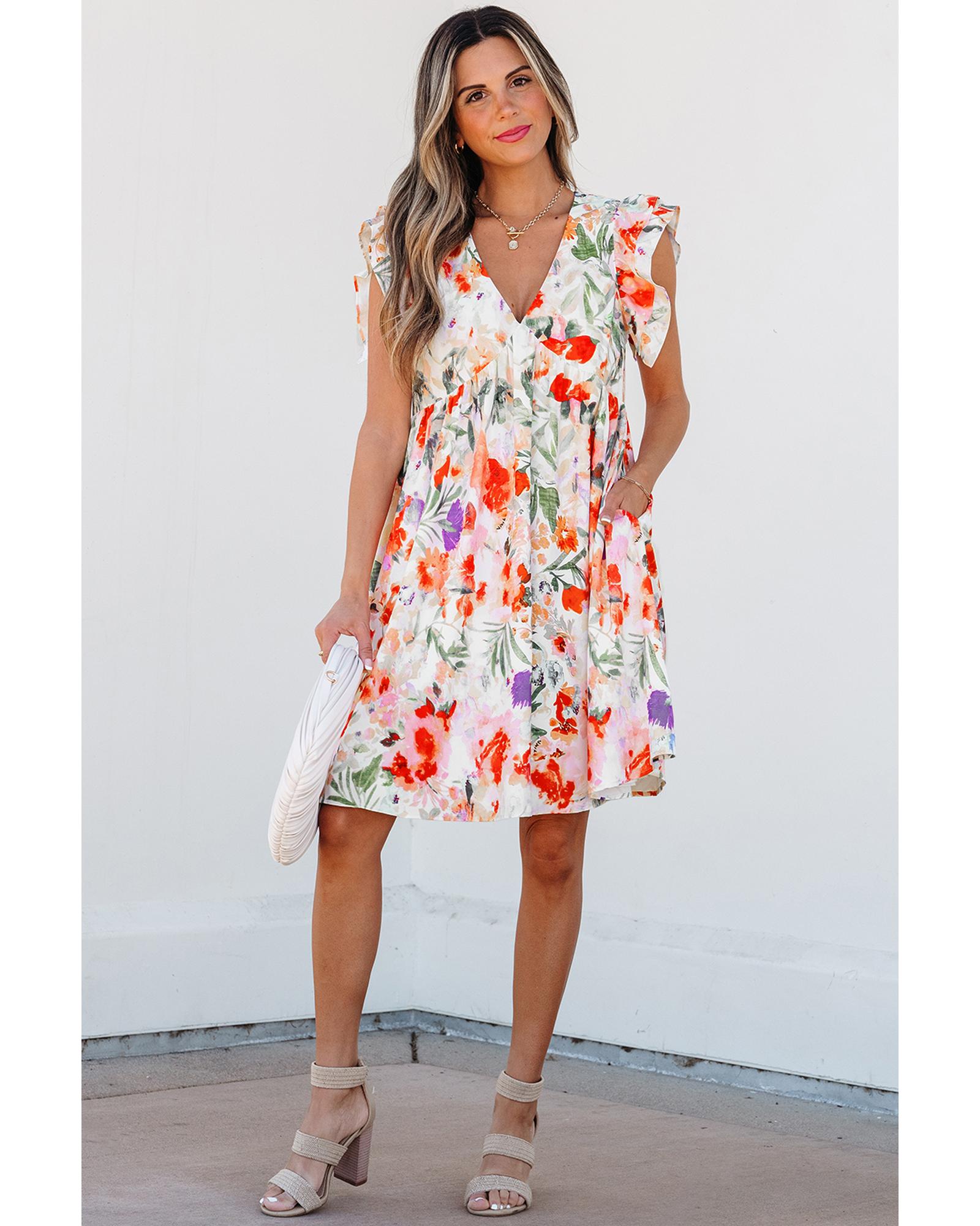 Pink Floral Double Ruffle Sleeve V Neck High Waist Mini Dress - S
