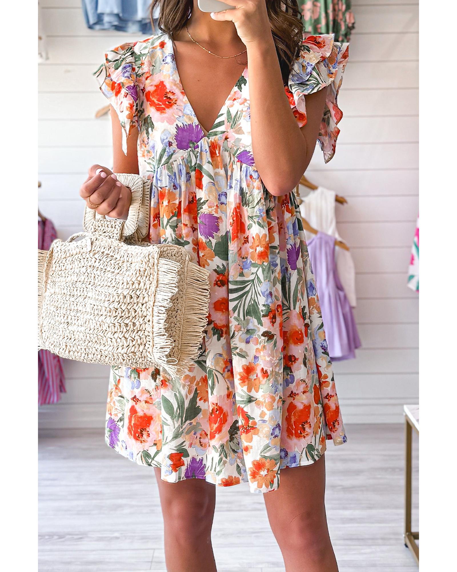 Pink Floral Double Ruffle Sleeve V Neck High Waist Mini Dress - S