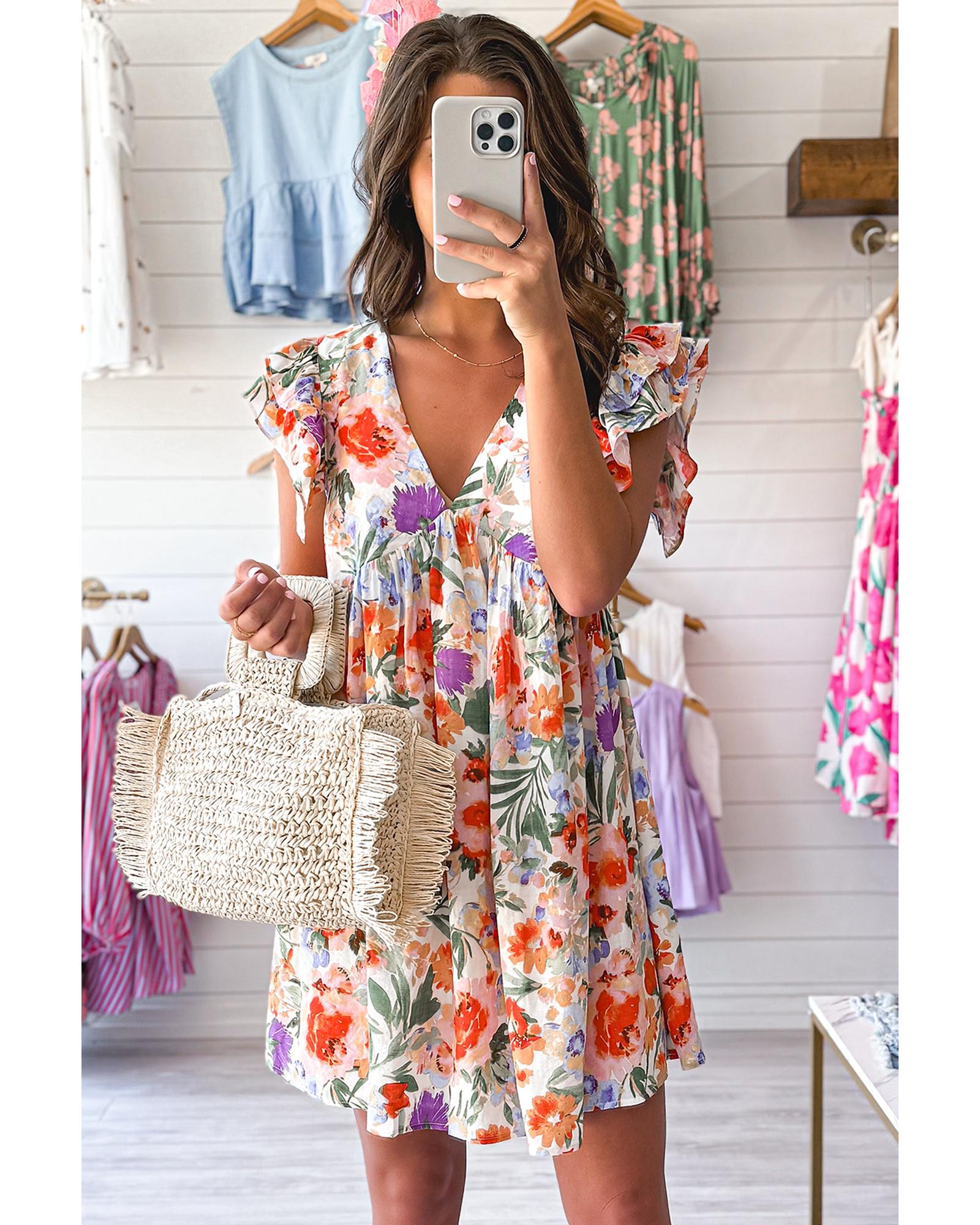 Pink Floral Double Ruffle Sleeve V Neck High Waist Mini Dress - S