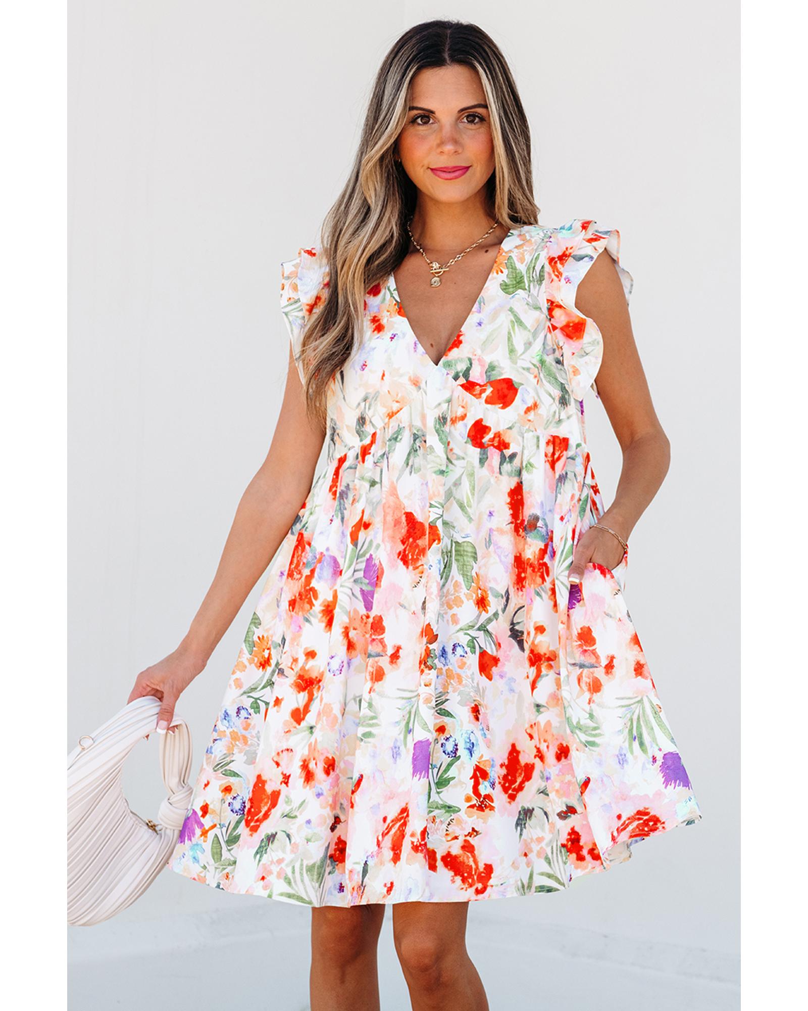 Pink Floral Double Ruffle Sleeve V Neck High Waist Mini Dress - XL