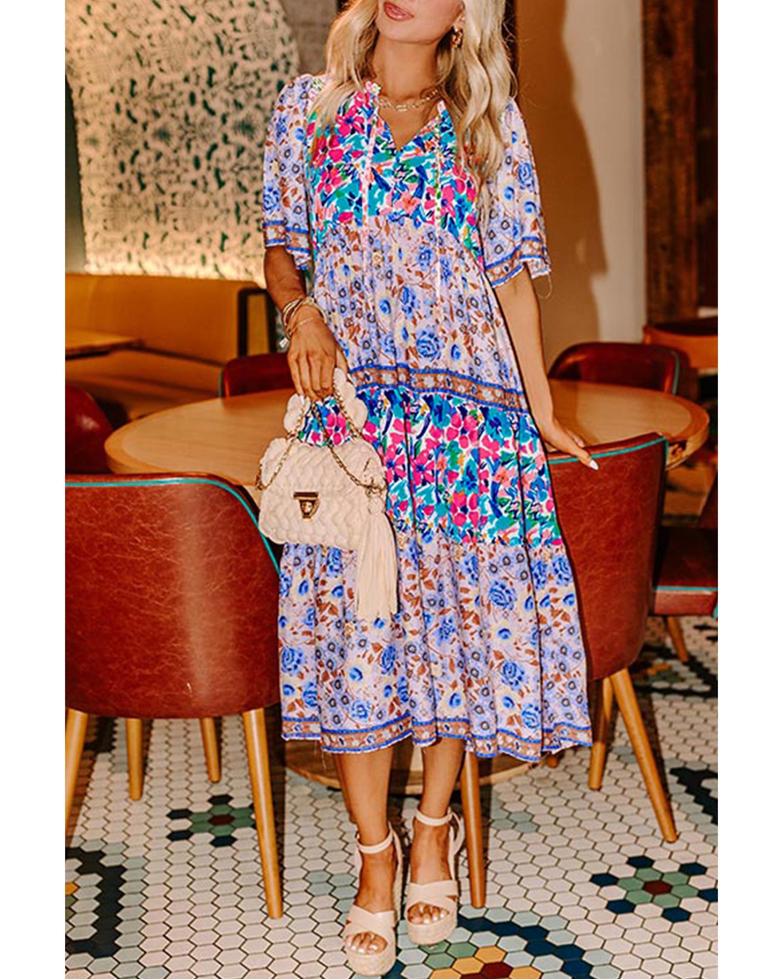 Sky Blue Mixed Floral Print Tie Split Neck Short Sleeve Dress - XL