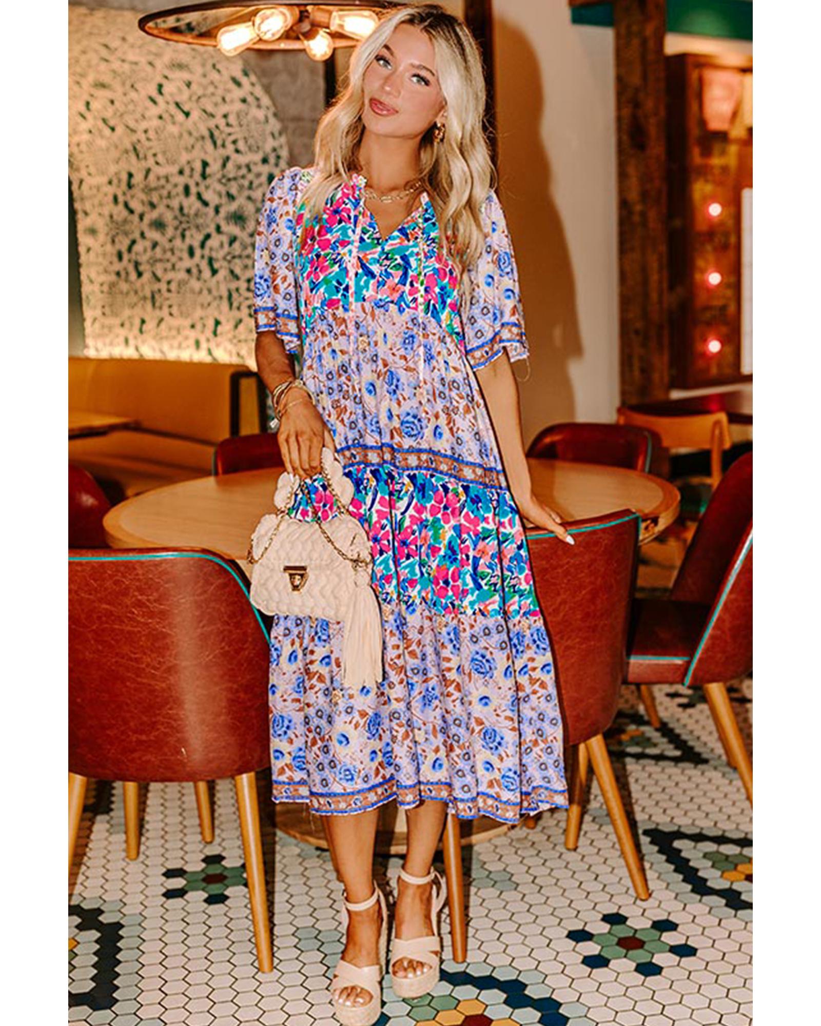 Sky Blue Mixed Floral Print Tie Split Neck Short Sleeve Dress - XL