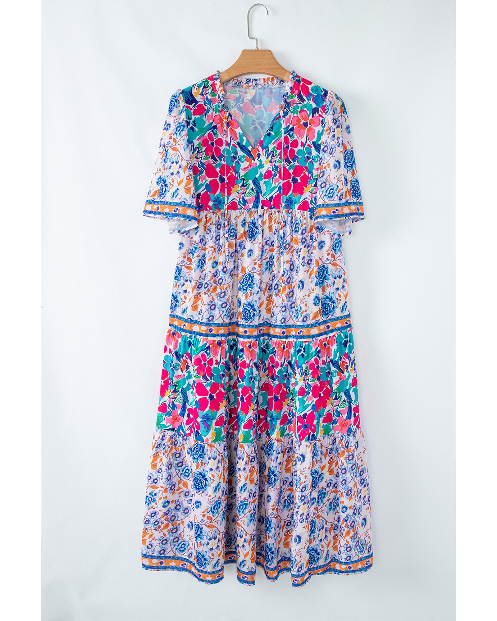 Sky Blue Mixed Floral Print Tie Split Neck Short Sleeve Dress - XL