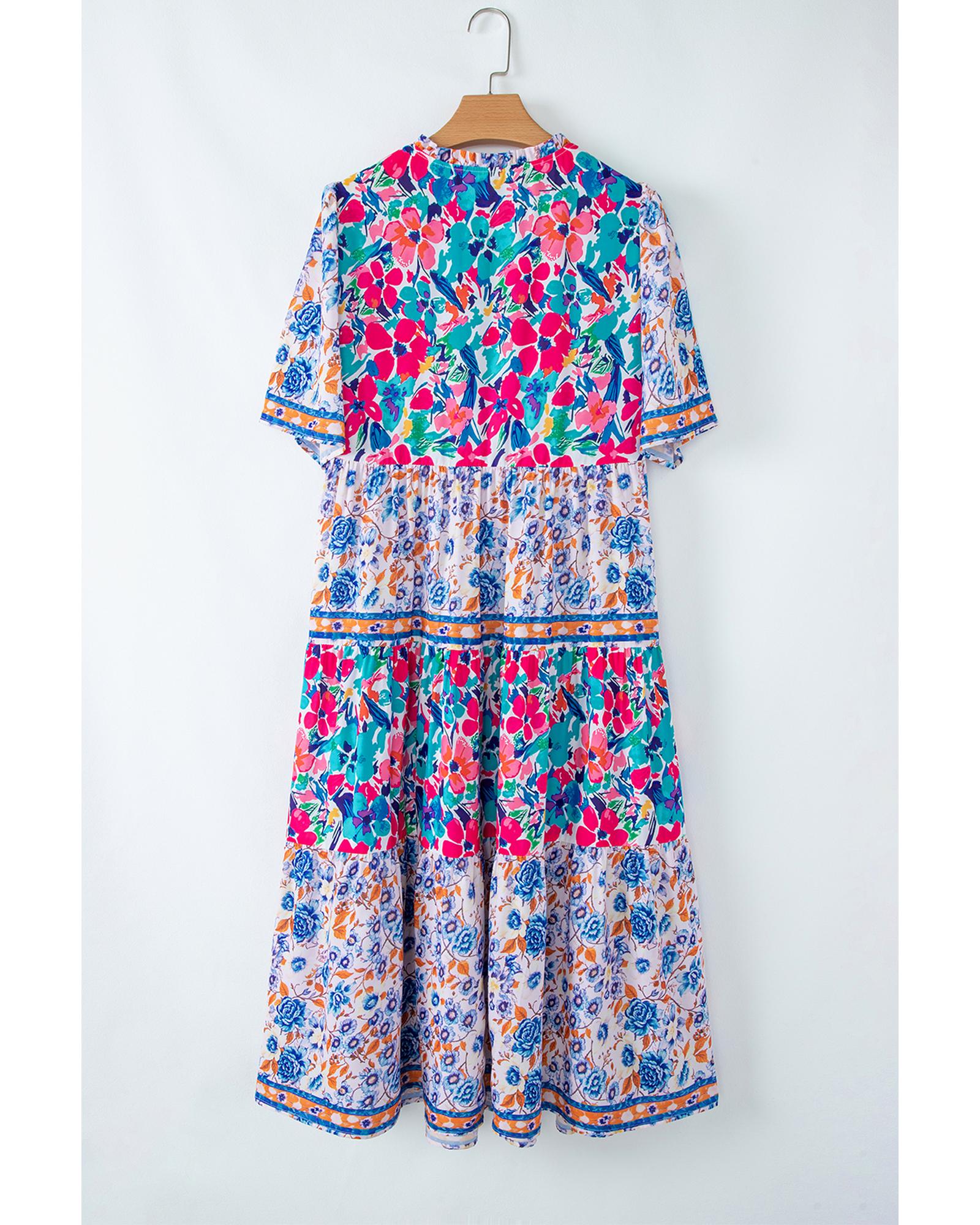 Sky Blue Mixed Floral Print Tie Split Neck Short Sleeve Dress - XL