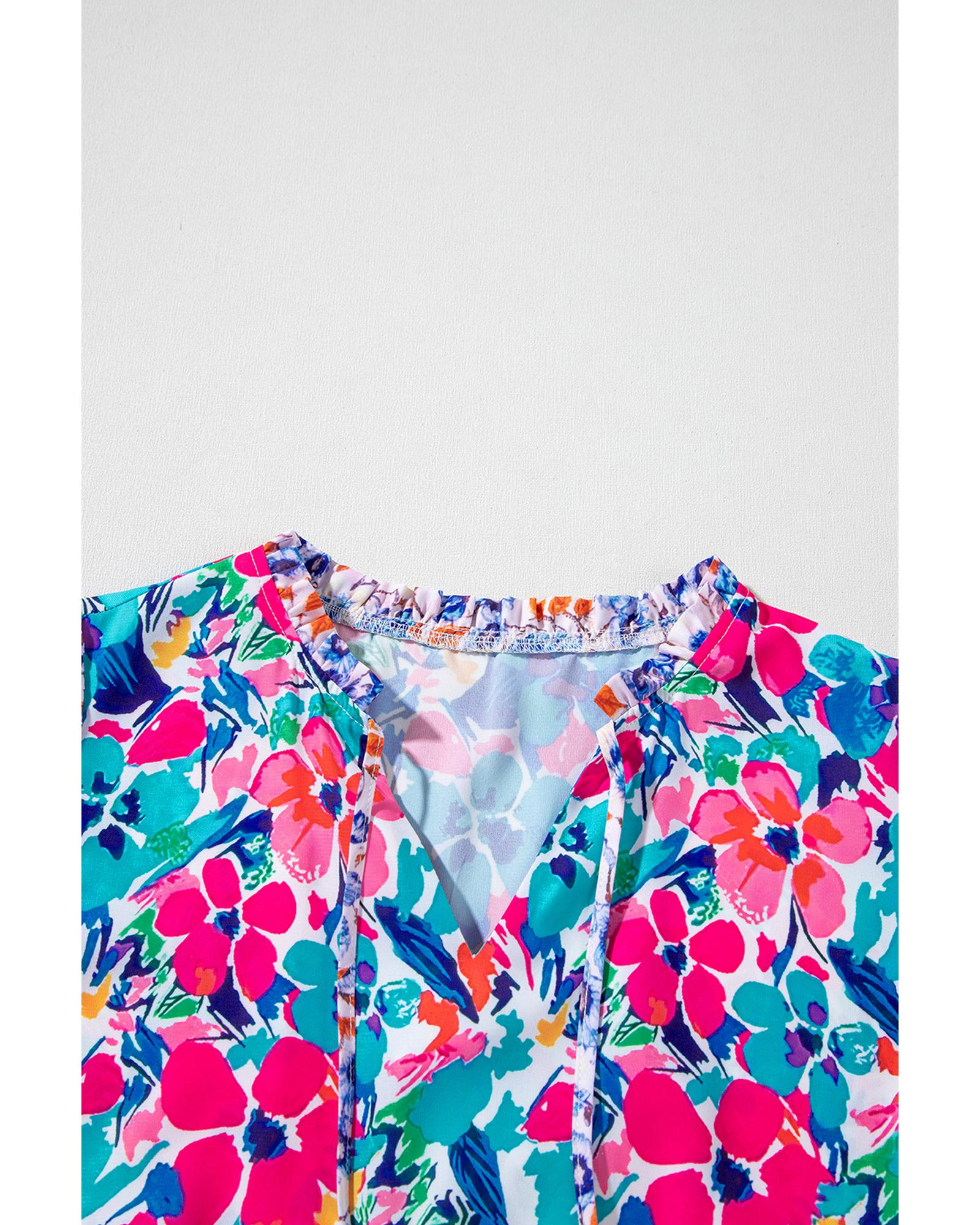 Sky Blue Mixed Floral Print Tie Split Neck Short Sleeve Dress - XL