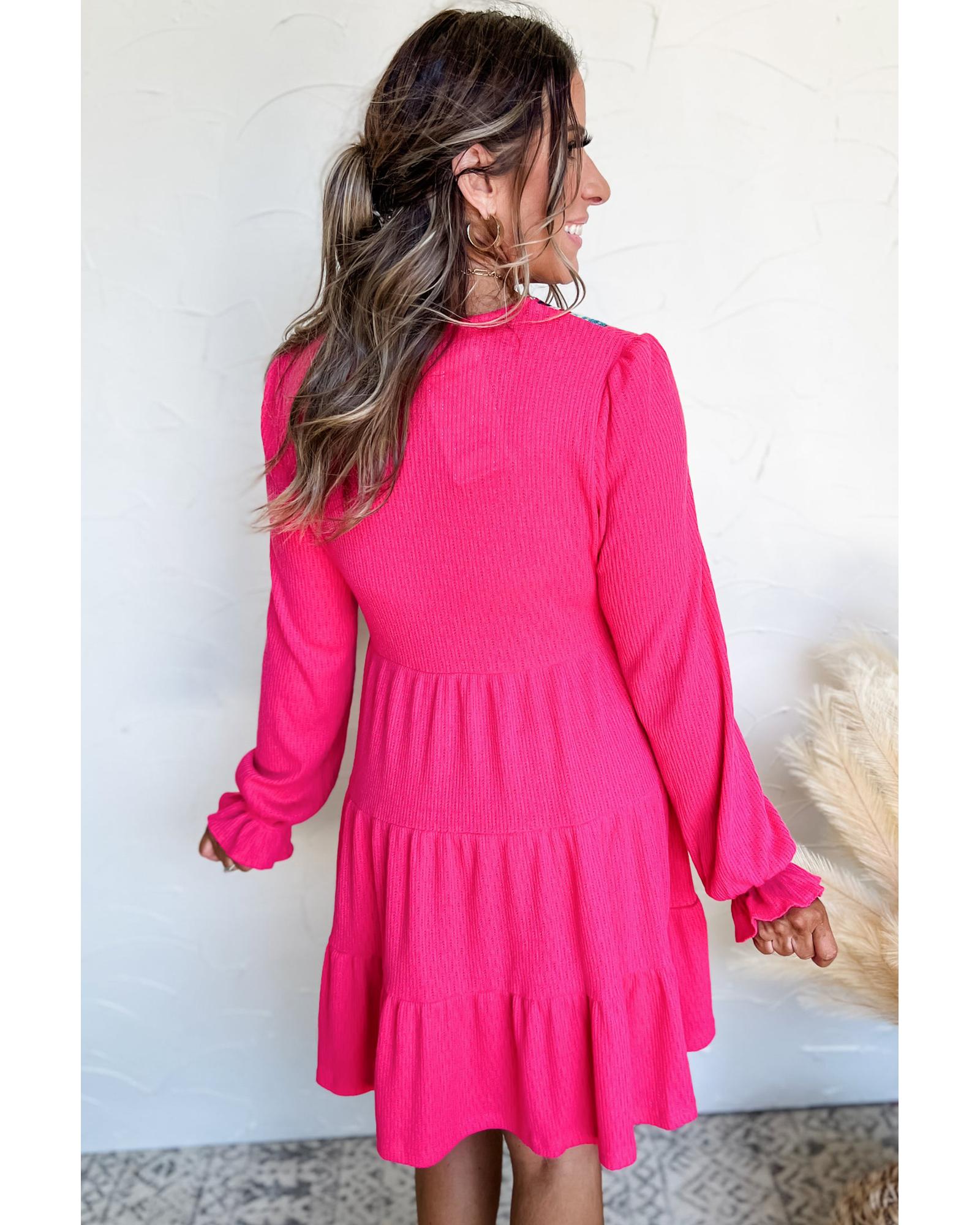 Rose Red Colorful Crochet V Neck Textured Tiered Ruffled Long Sleeve Mini Dress - L