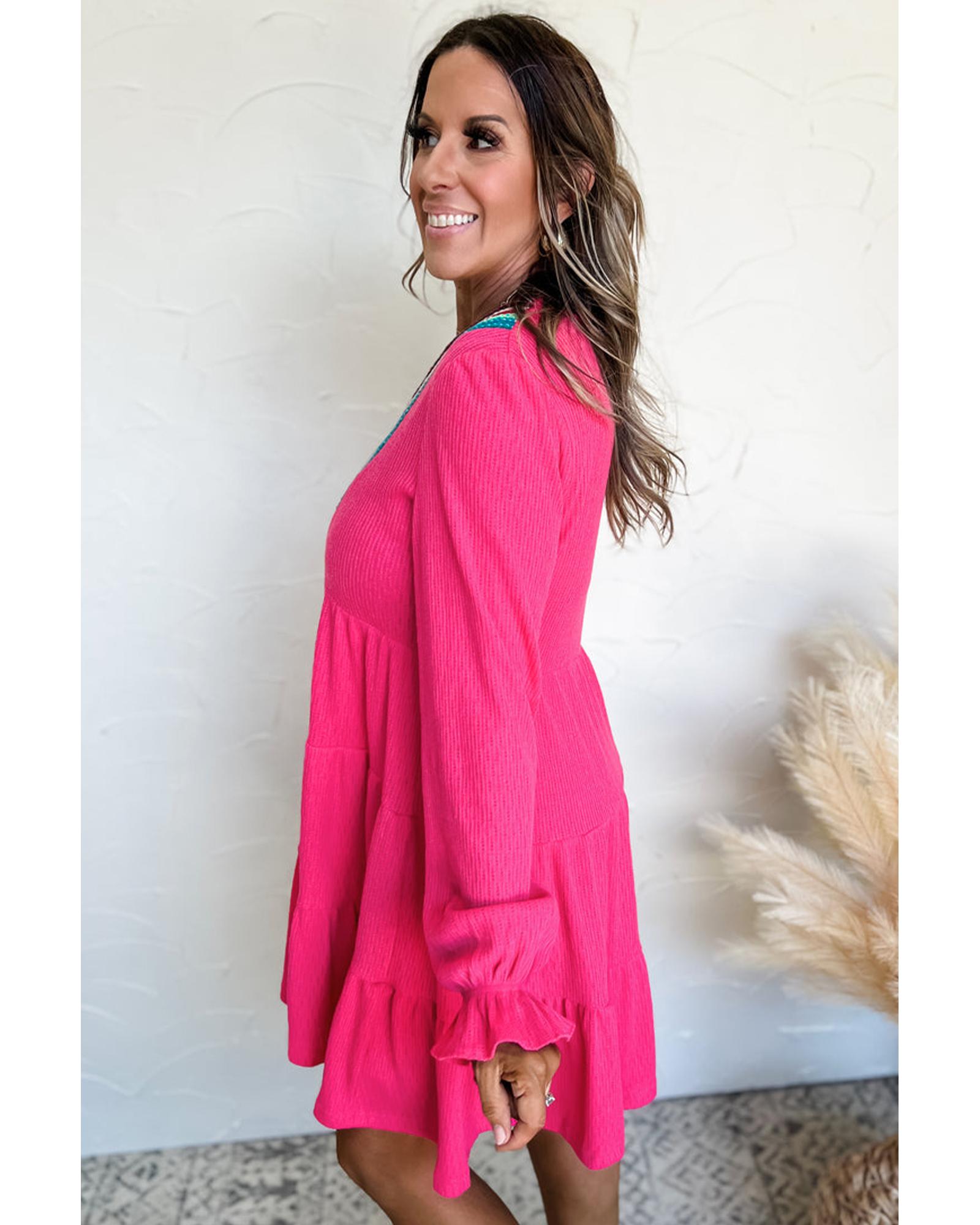 Rose Red Colorful Crochet V Neck Textured Tiered Ruffled Long Sleeve Mini Dress - L
