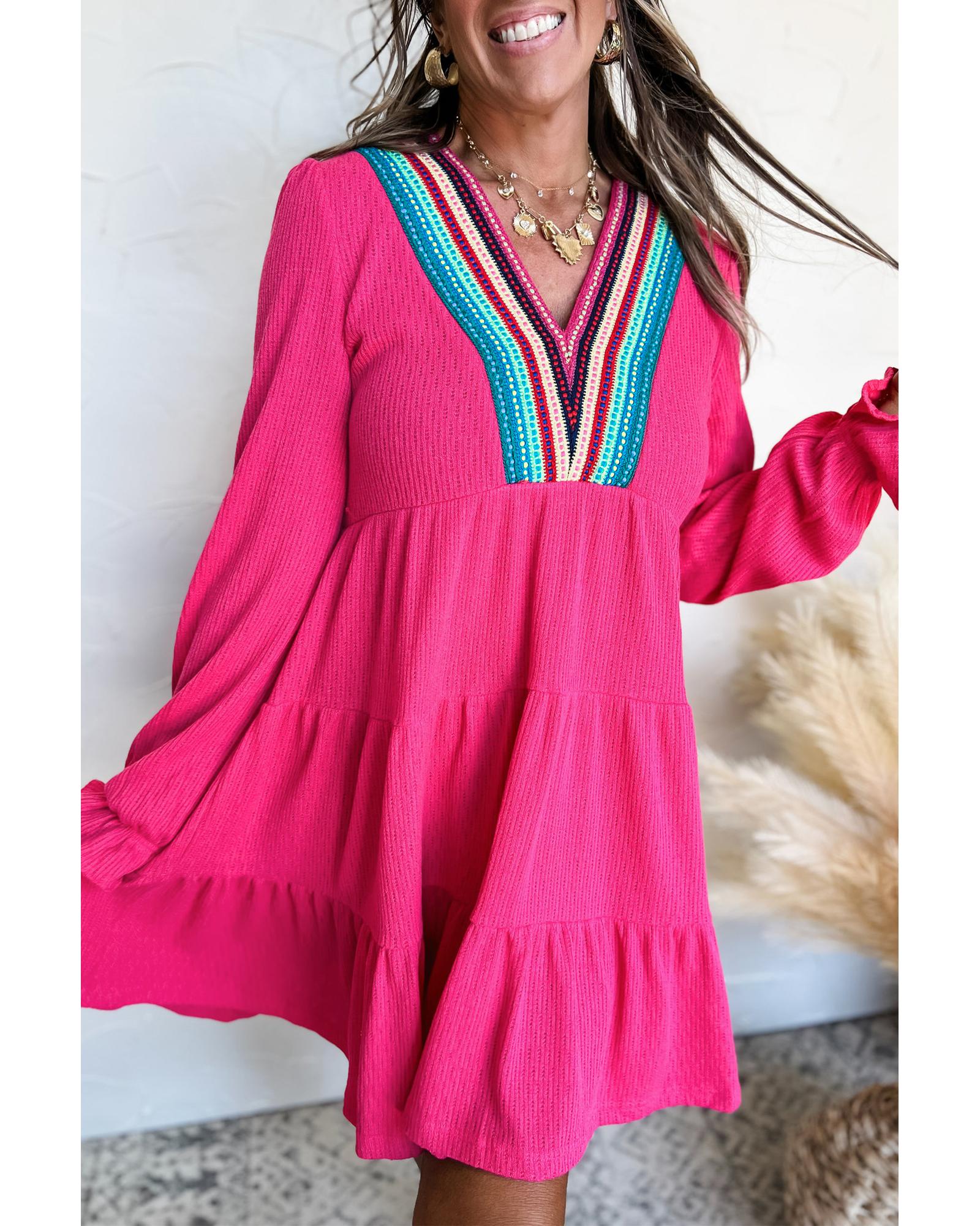 Rose Red Colorful Crochet V Neck Textured Tiered Ruffled Long Sleeve Mini Dress - L