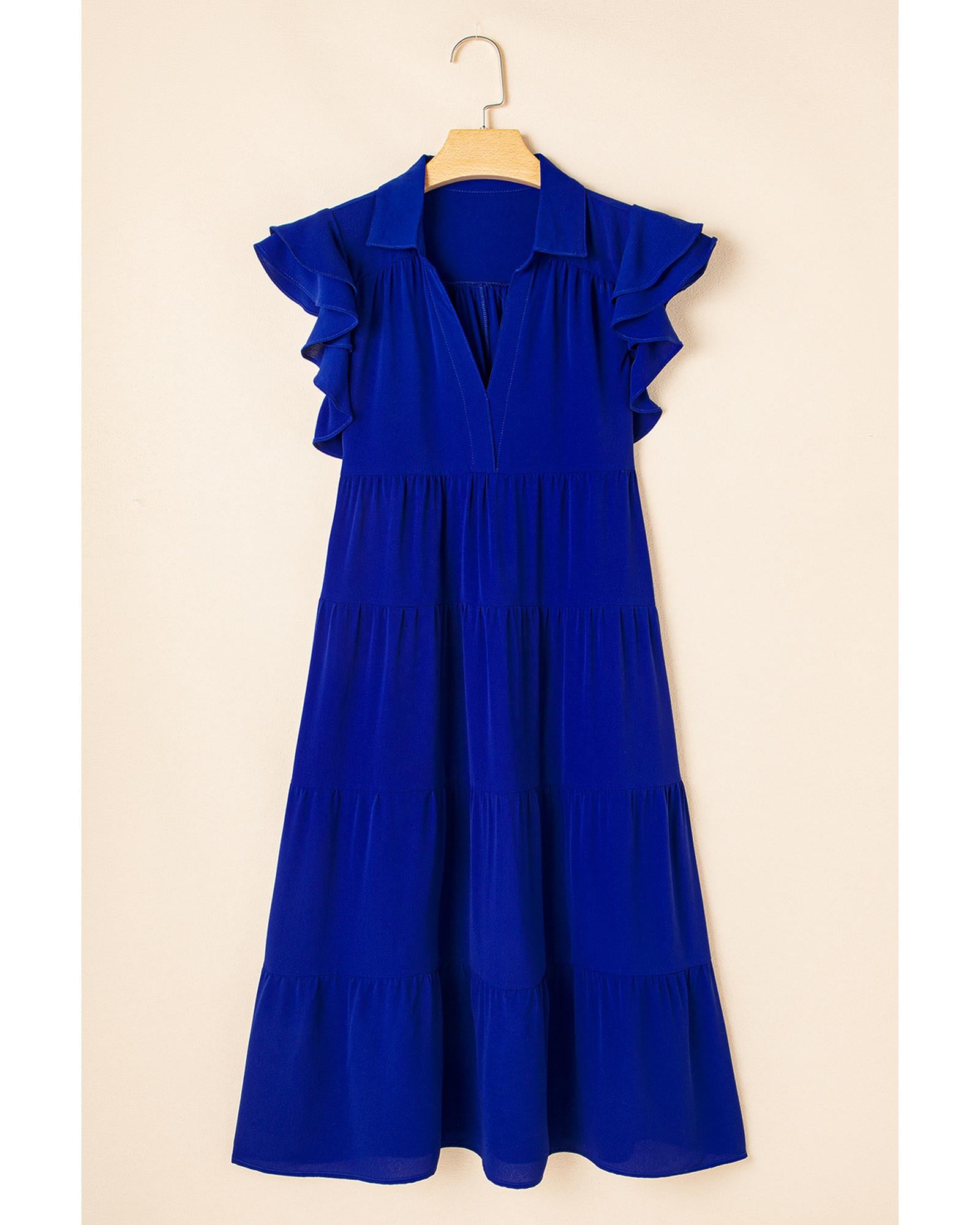 Bluing Ruffled Short Sleeve Collared V Neck Tiered Midi Dress - S