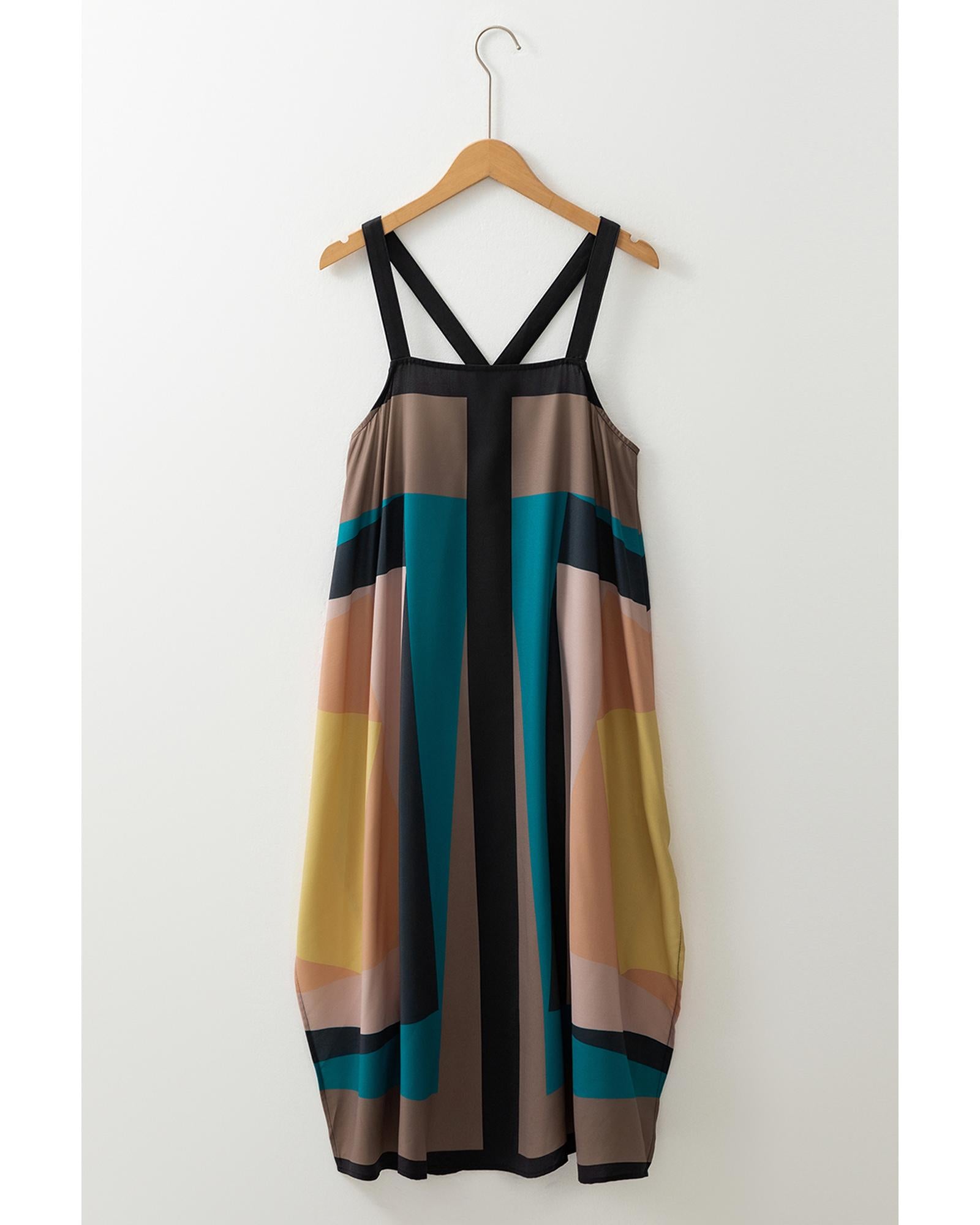Brown Retro Geometric Printed Y Back Sleeveless Dress - L