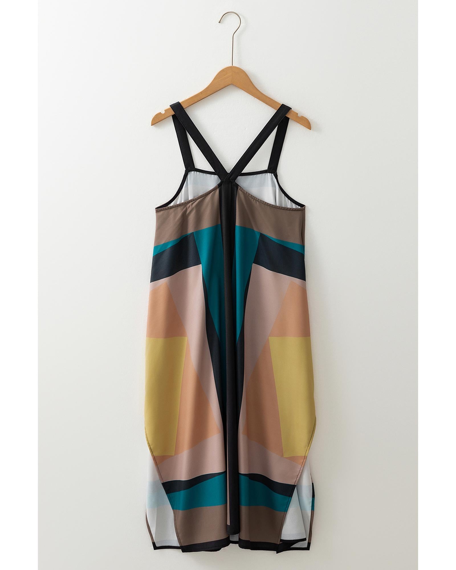 Brown Retro Geometric Printed Y Back Sleeveless Dress - L