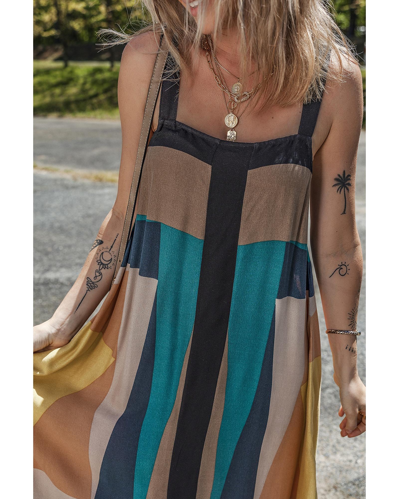 Brown Retro Geometric Printed Y Back Sleeveless Dress - M