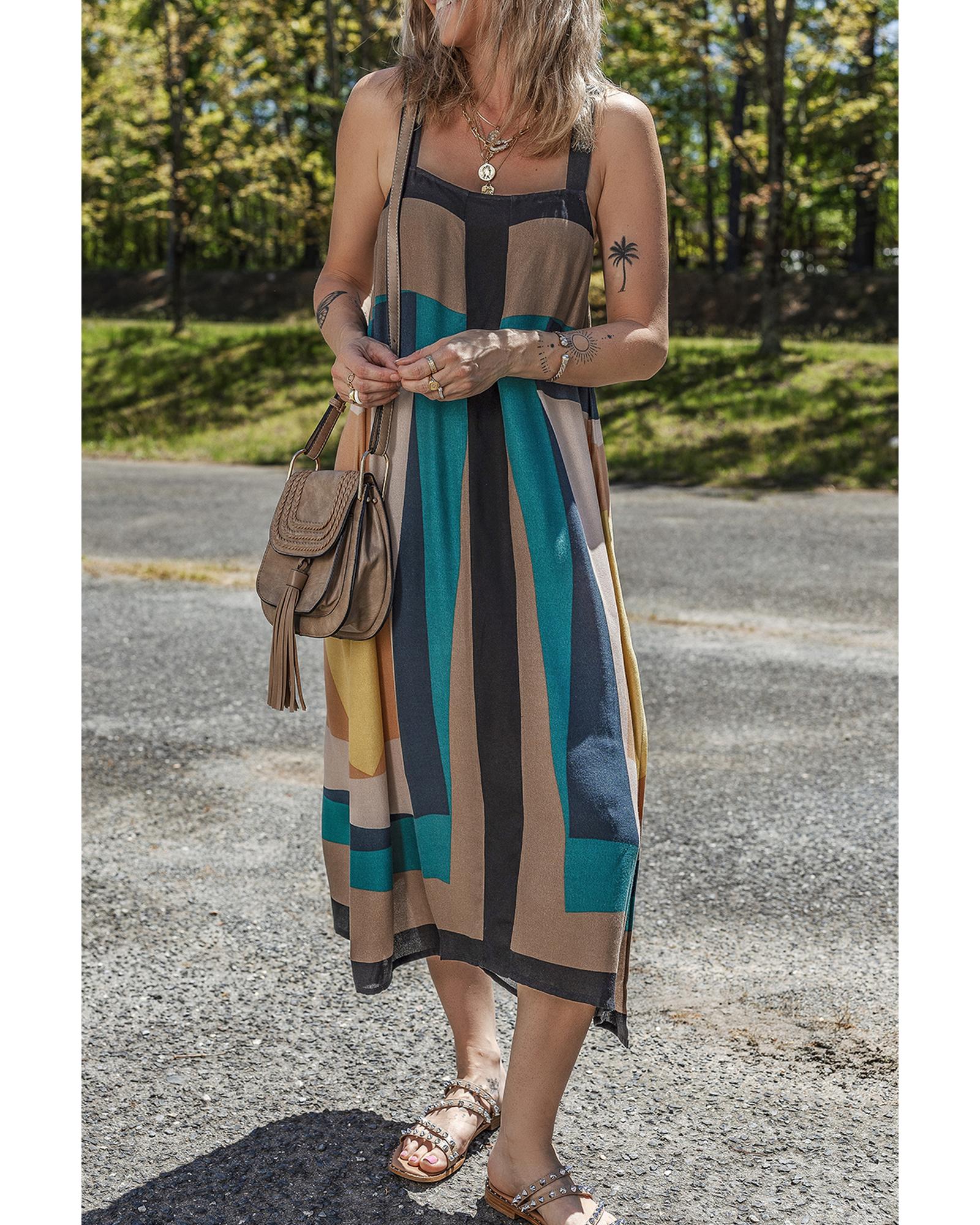 Brown Retro Geometric Printed Y Back Sleeveless Dress - XL