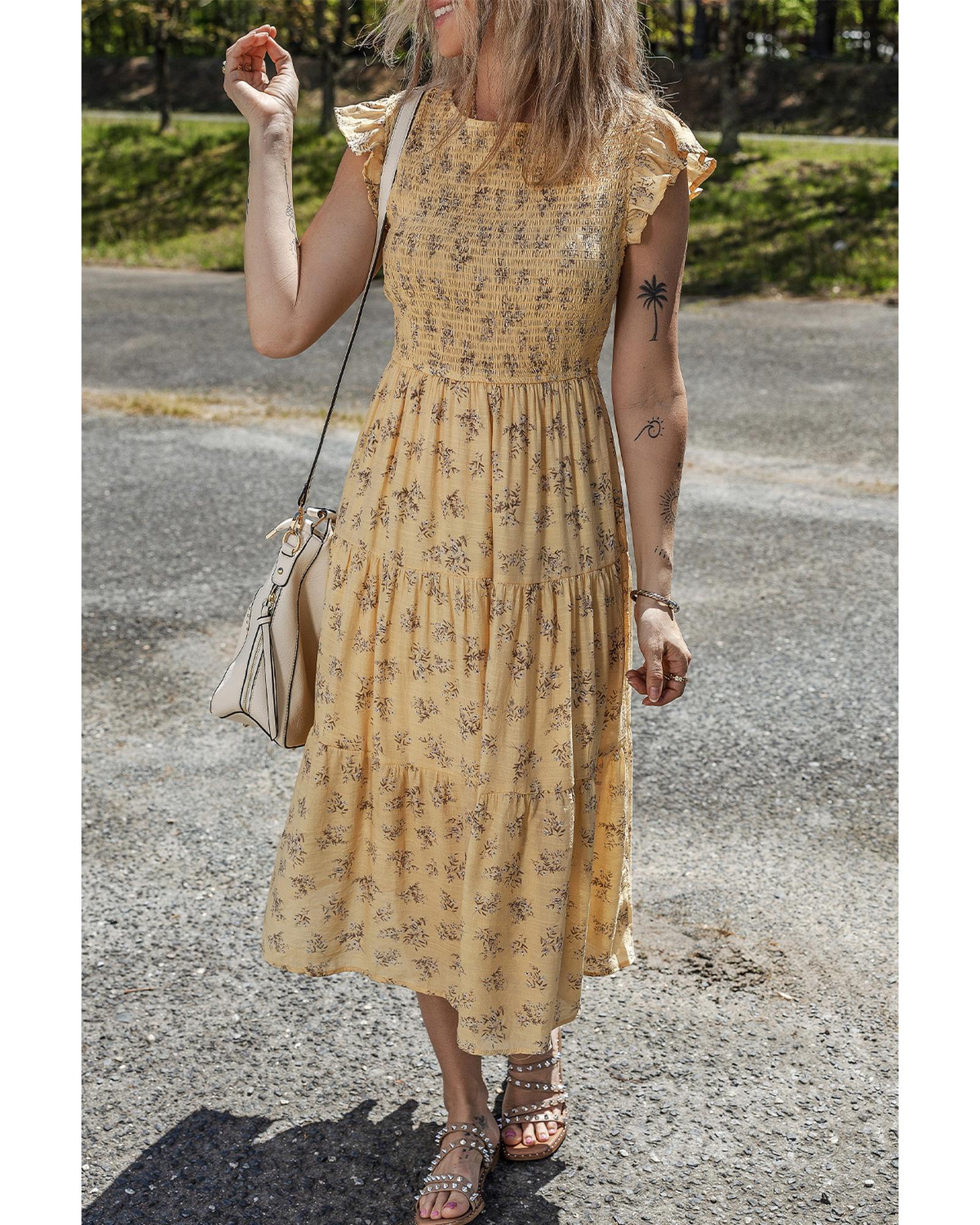 Yellow Boho Floral Print Ruffle Smocked Flowy Summer Dress - L
