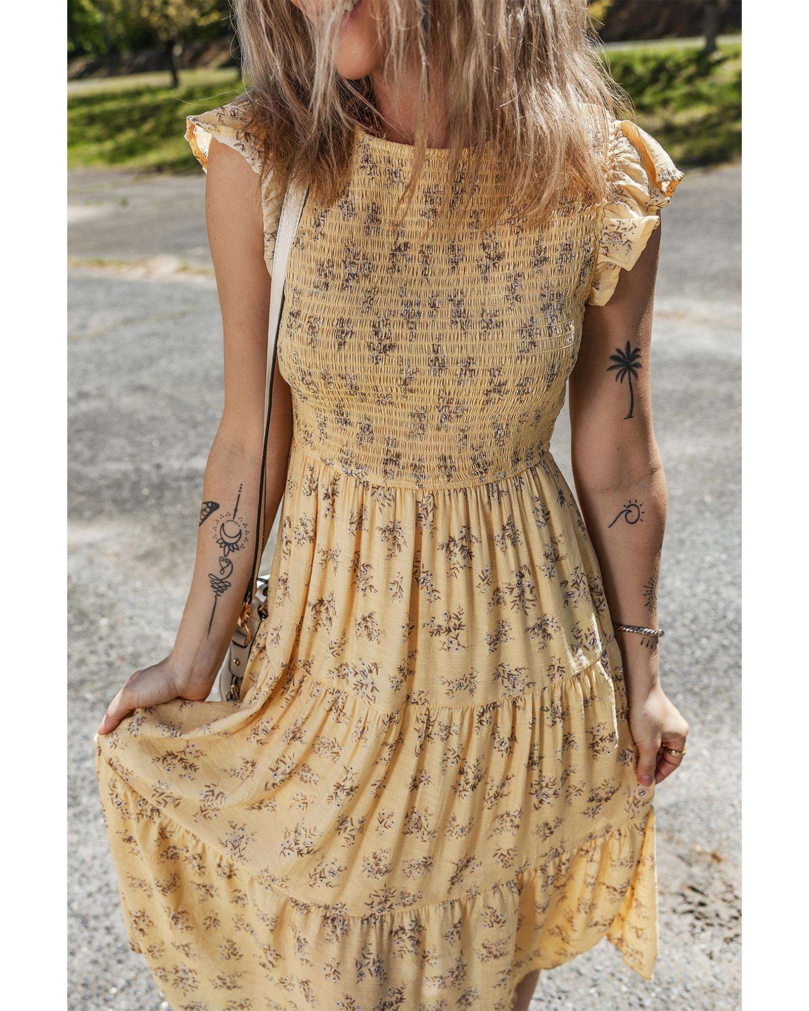 Yellow Boho Floral Print Ruffle Smocked Flowy Summer Dress - L