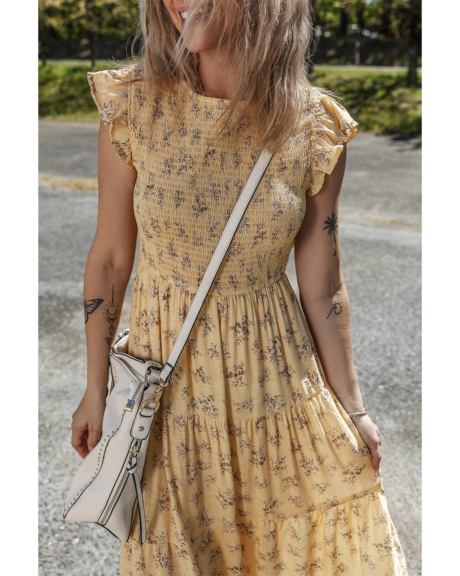 Yellow Boho Floral Print Ruffle Smocked Flowy Summer Dress - L