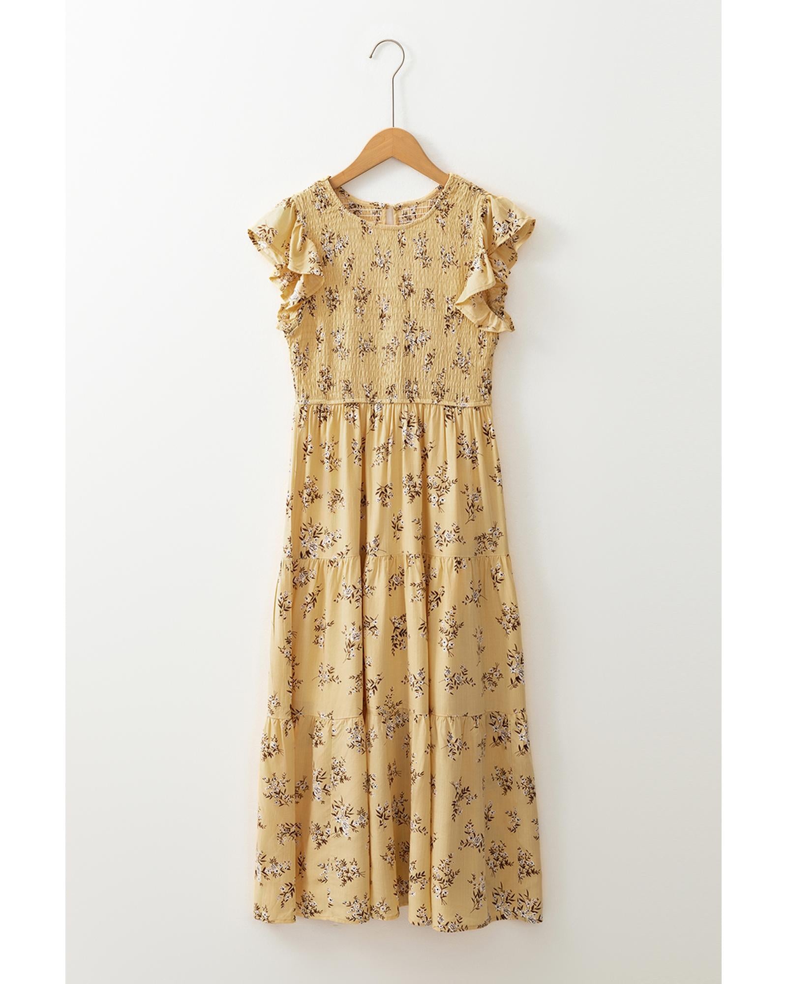Yellow Boho Floral Print Ruffle Smocked Flowy Summer Dress - L