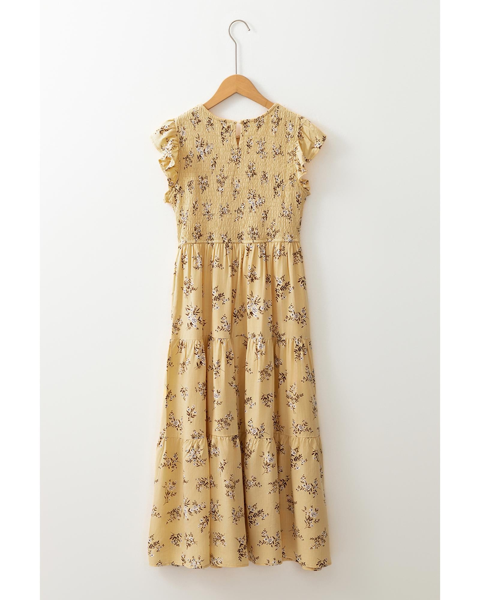 Yellow Boho Floral Print Ruffle Smocked Flowy Summer Dress - L