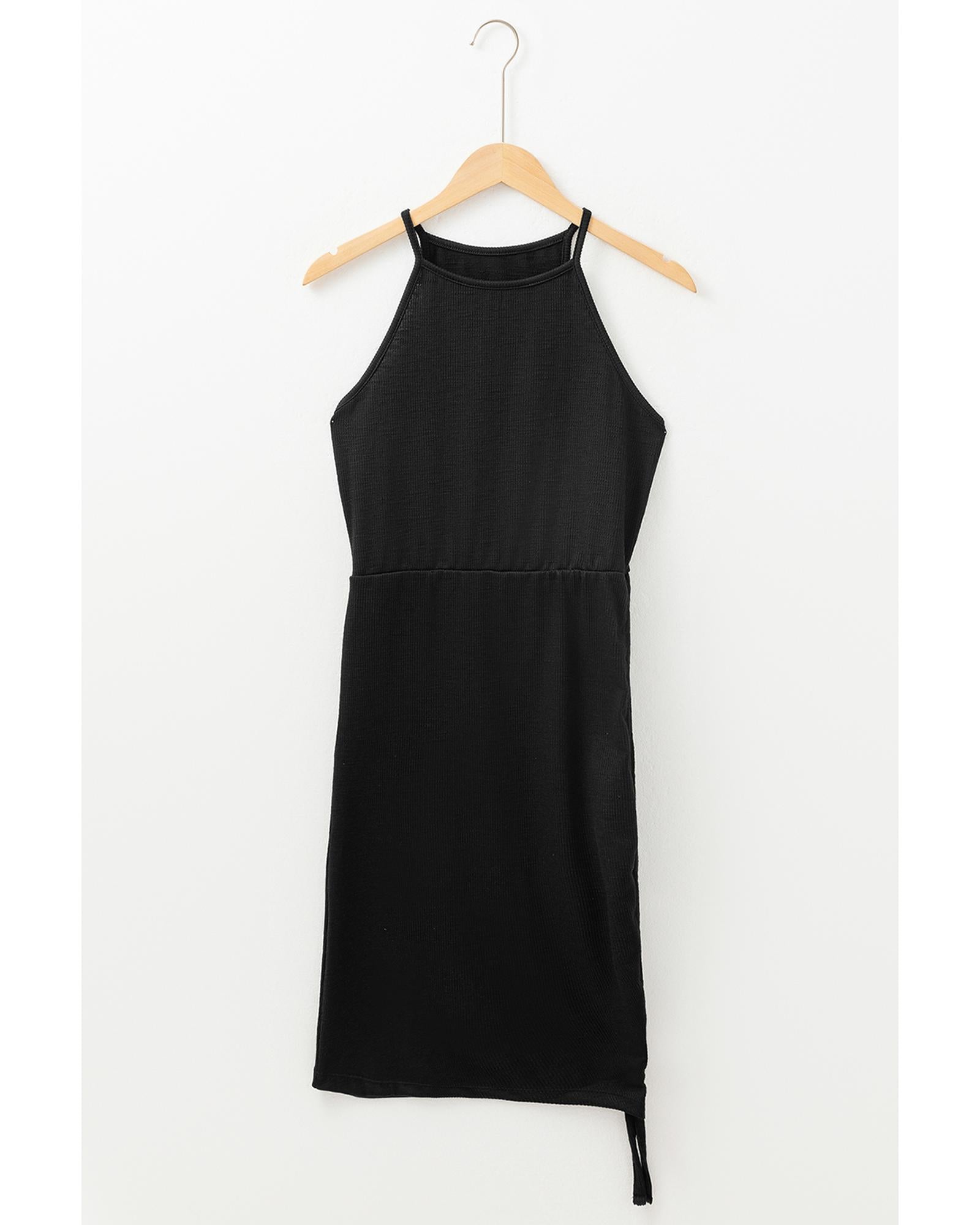 Black Racerback Ribbed Knit Drawstring Bodycon Dress - S