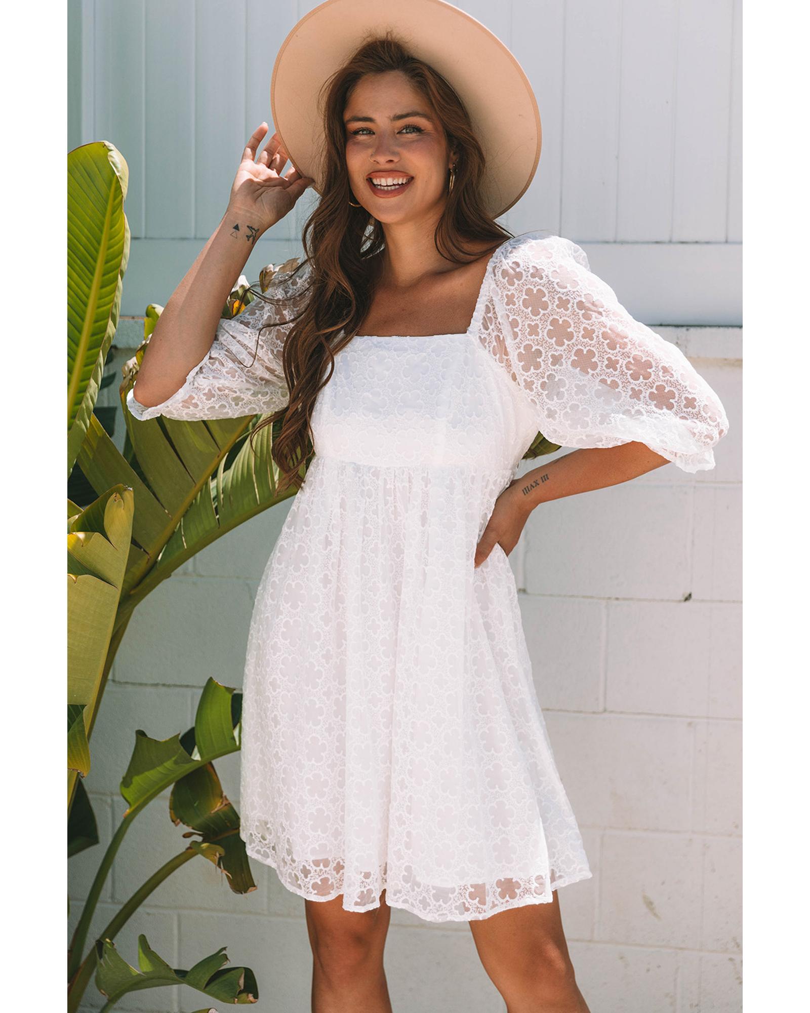 White Floral Lace Puff Sleeve Empire Waist Mini Dress - XL