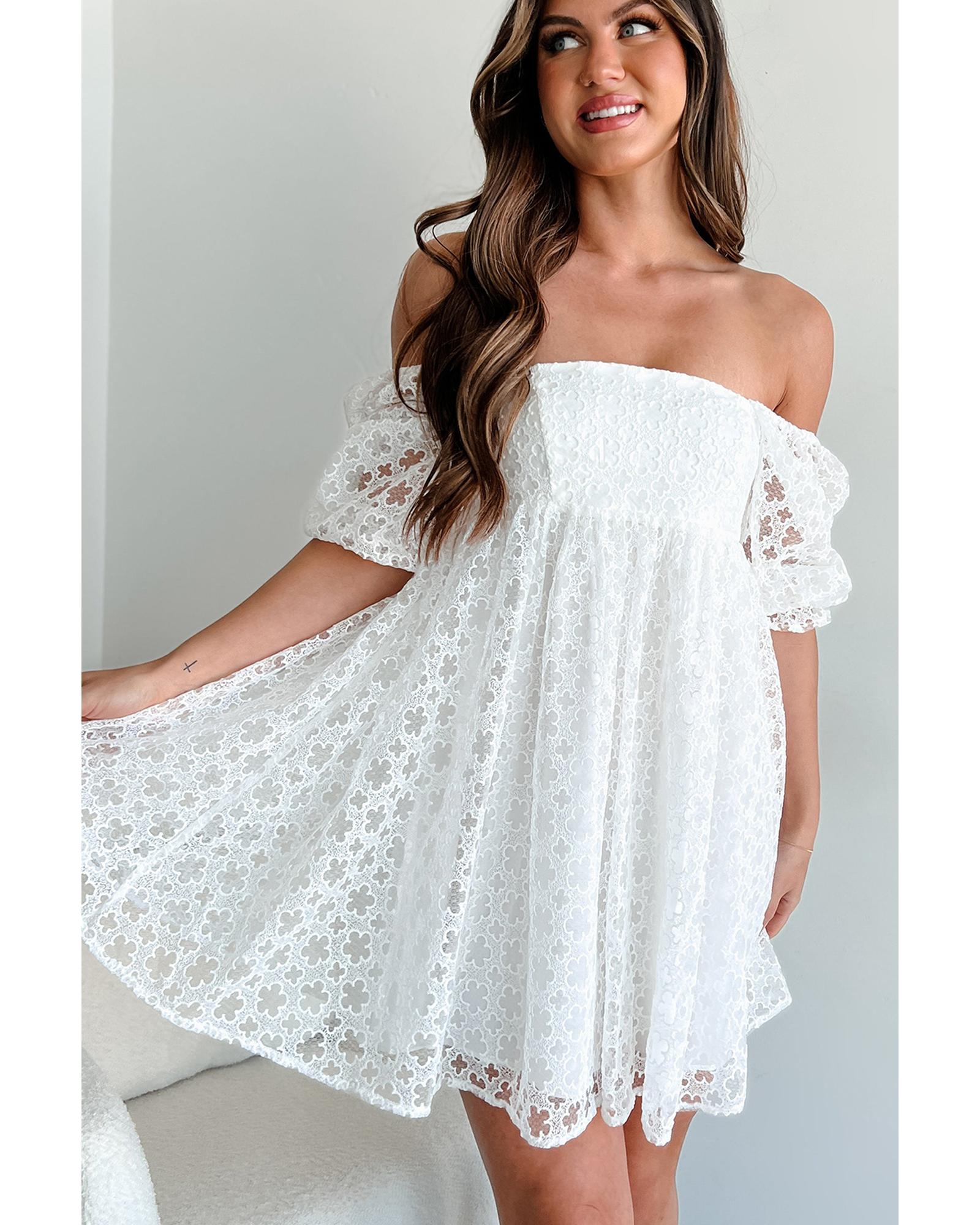 White Floral Lace Puff Sleeve Empire Waist Mini Dress - XL