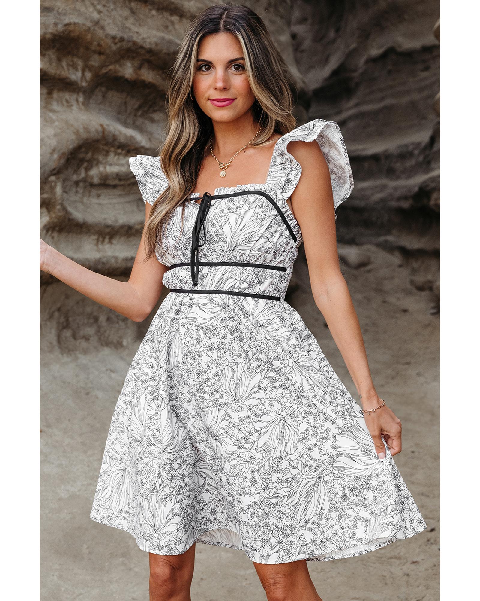 White Floral Print Pipping Trim Flutter Sleeve Mini Dress - S