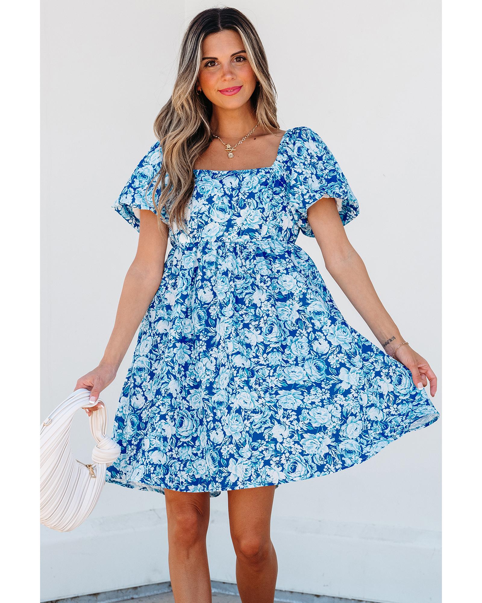 Blue Floral Puff Sleeve Babydoll Mini Dress - XL