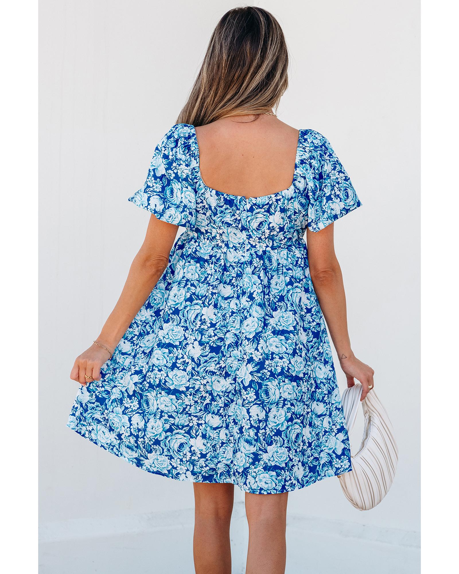 Blue Floral Puff Sleeve Babydoll Mini Dress - XL