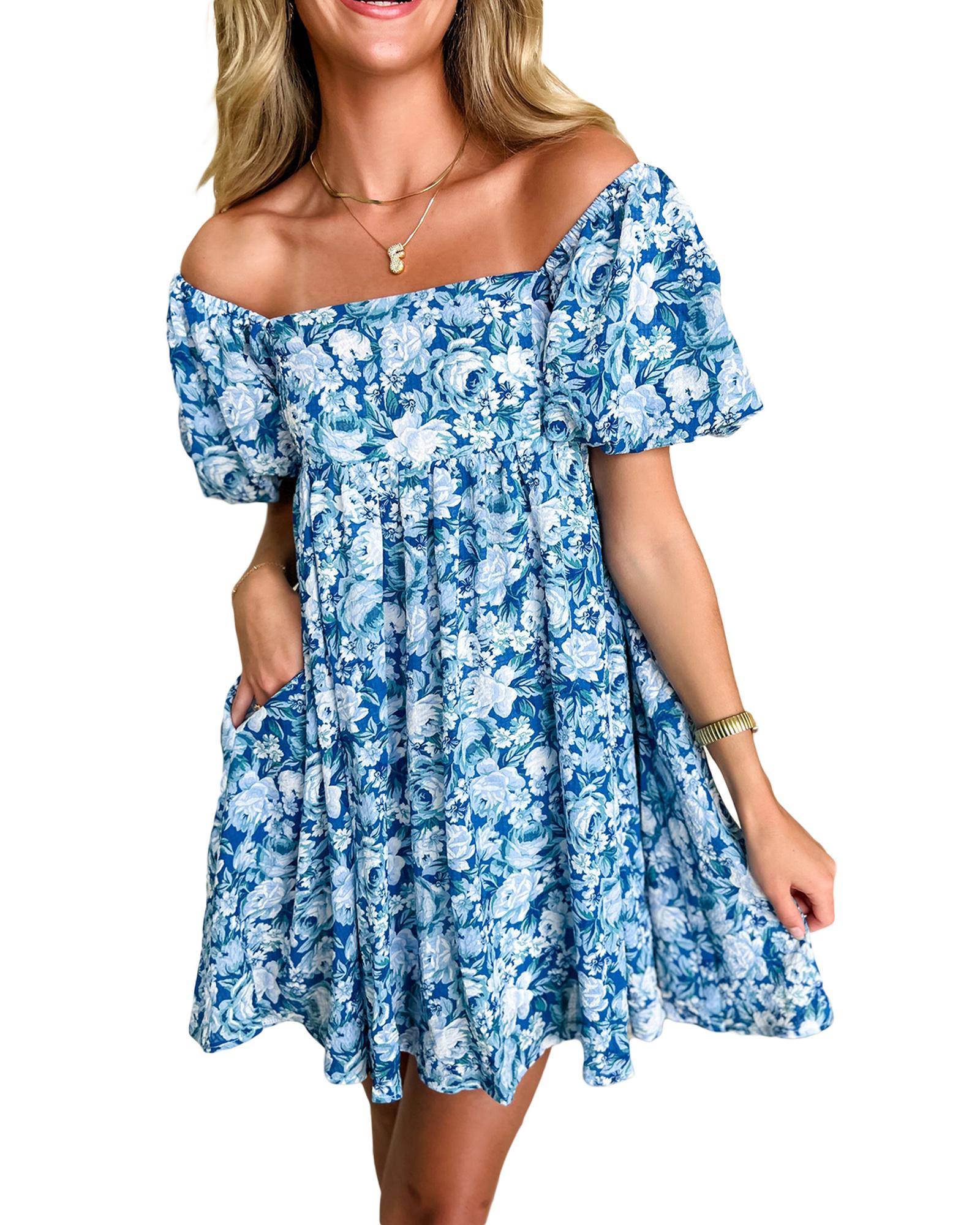 Blue Floral Puff Sleeve Babydoll Mini Dress - XL