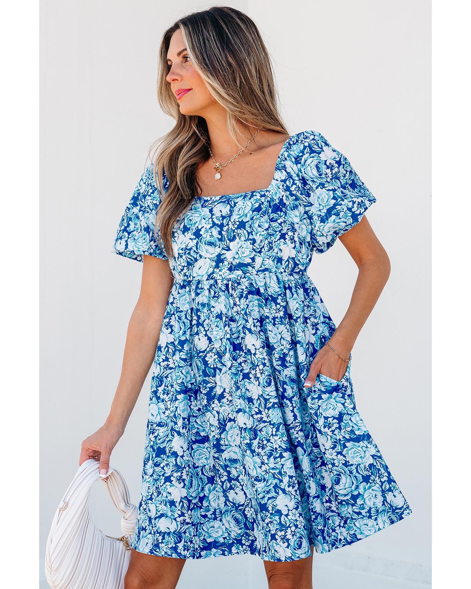 Blue Floral Puff Sleeve Babydoll Mini Dress - XL