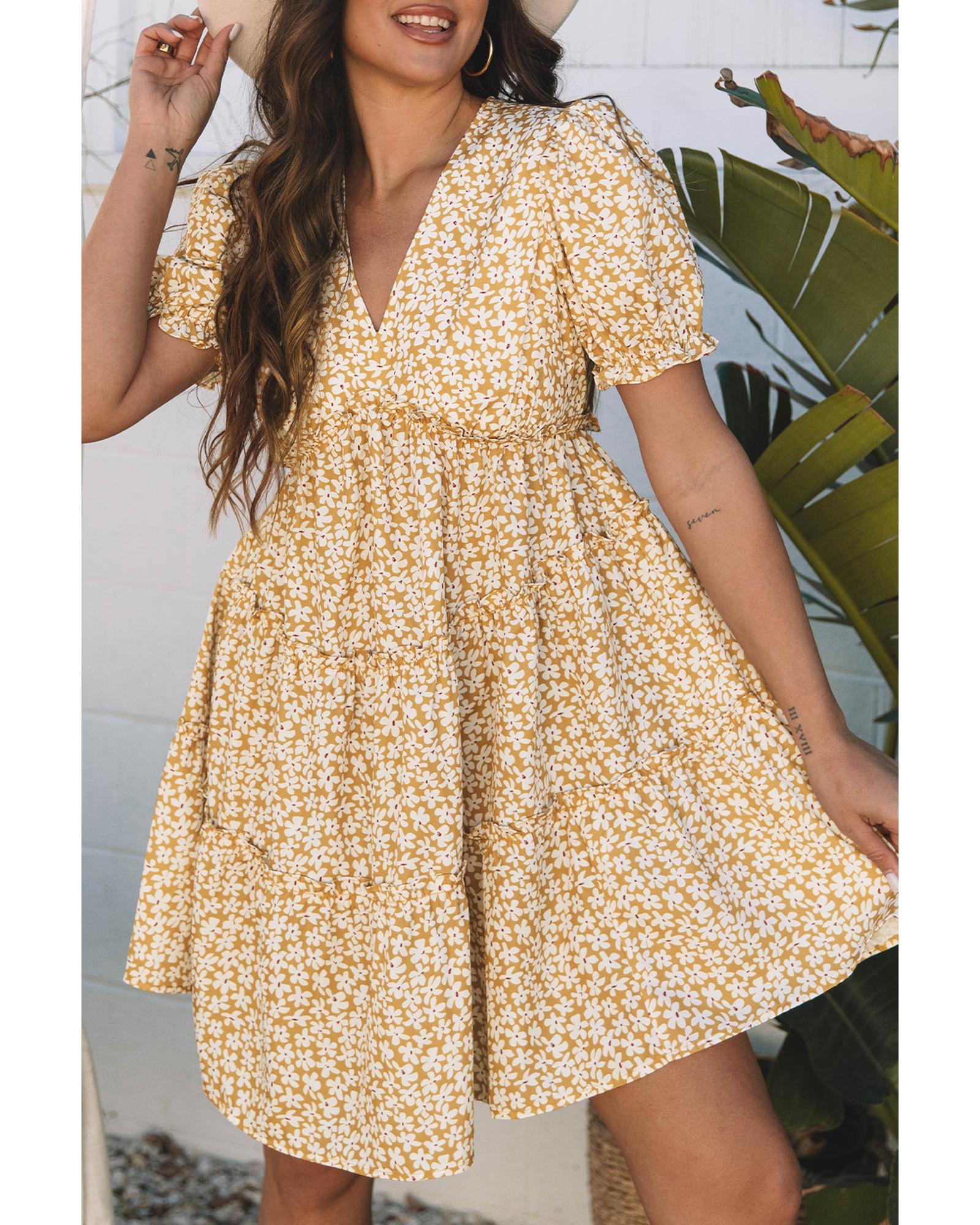Yellow Floral Short Sleeve V Neck Frilly Tiered Mini Dress - S