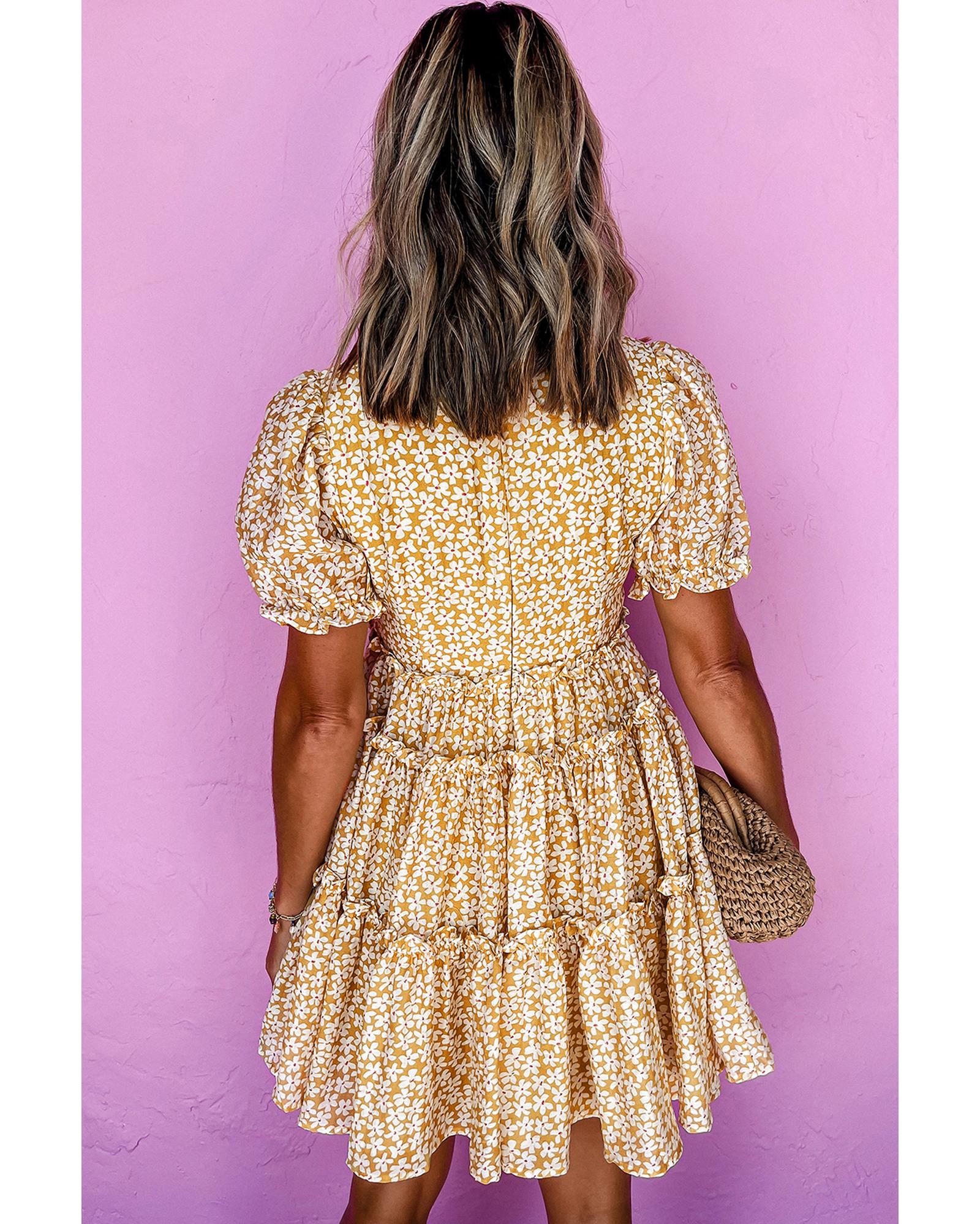 Yellow Floral Short Sleeve V Neck Frilly Tiered Mini Dress - S