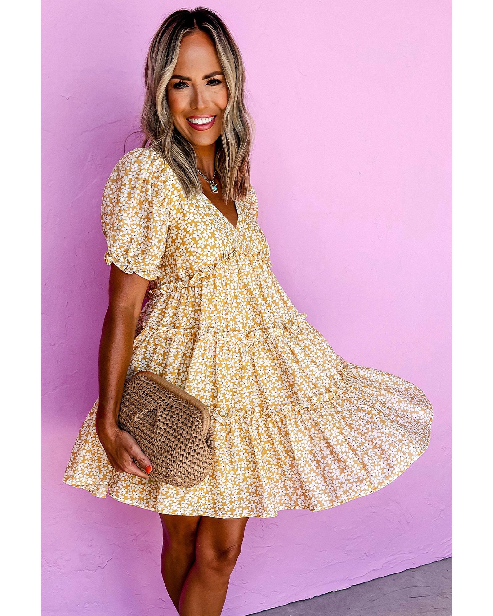 Yellow Floral Short Sleeve V Neck Frilly Tiered Mini Dress - S