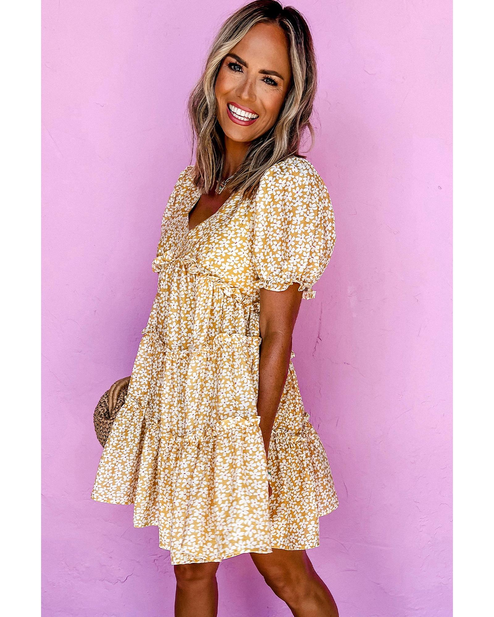 Yellow Floral Short Sleeve V Neck Frilly Tiered Mini Dress - S