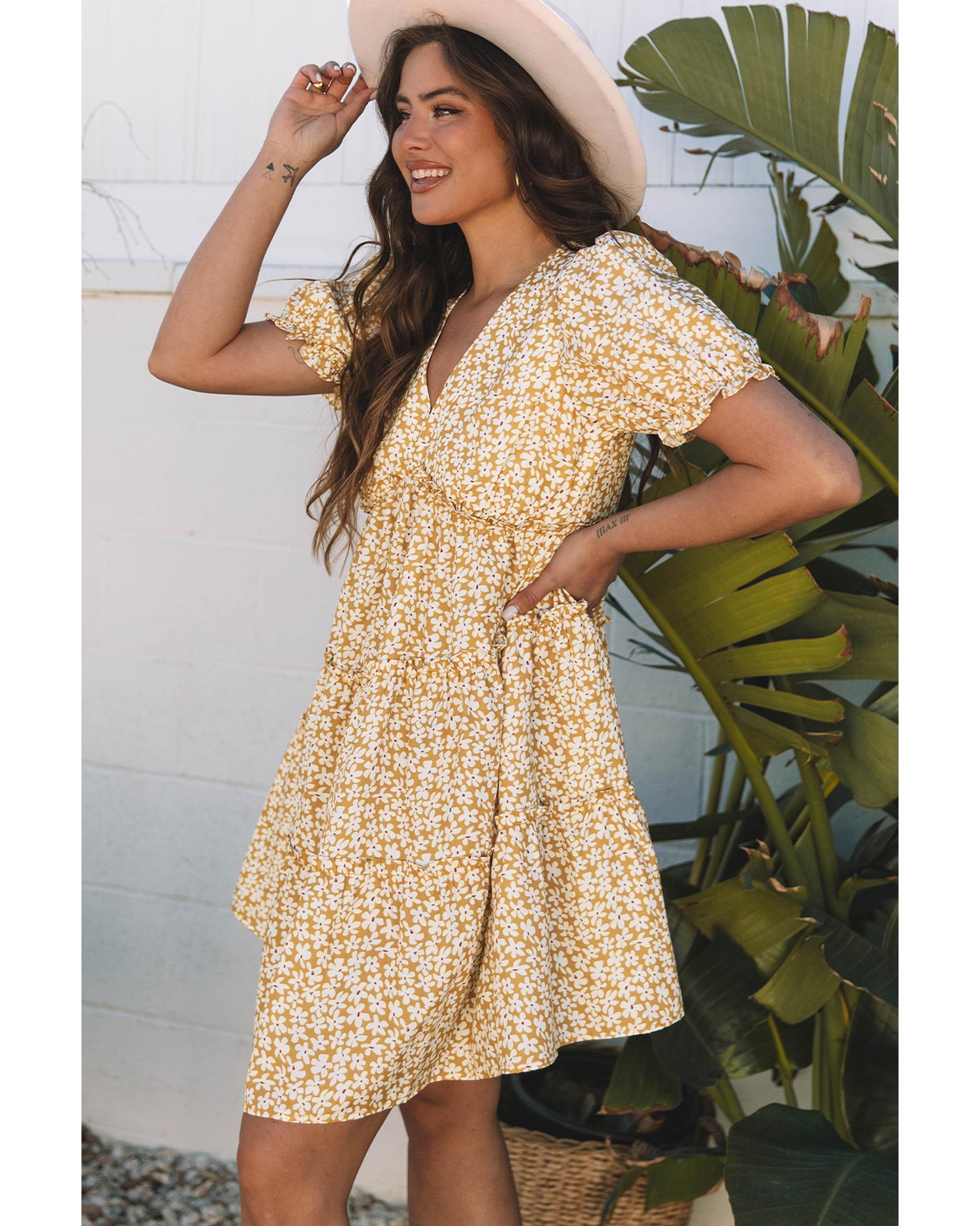 Yellow Floral Short Sleeve V Neck Frilly Tiered Mini Dress - XL